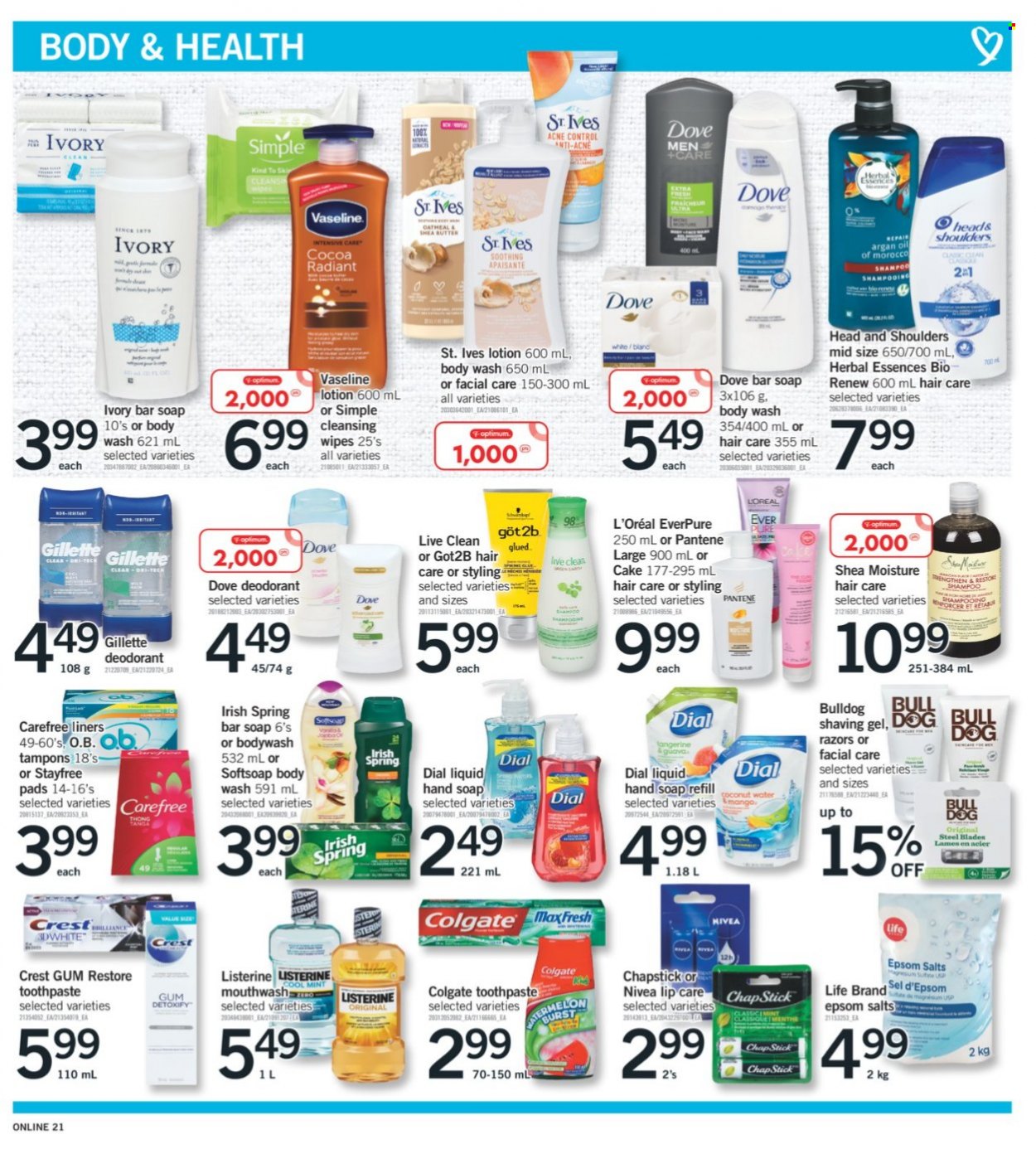 thumbnail - Fortinos Flyer - September 23, 2021 - September 29, 2021 - Sales products - cake, mango, coconut water, cleansing wipes, wipes, body wash, Softsoap, hand soap, Vaseline, soap bar, Dial, soap, toothpaste, Crest, Stayfree, Carefree, tampons, L’Oréal, Herbal Essences, body lotion, shea butter, anti-perspirant, Optimum, argan oil, Dove, Colgate, Gillette, Listerine, Head & Shoulders, Pantene, Nivea, deodorant. Page 12.