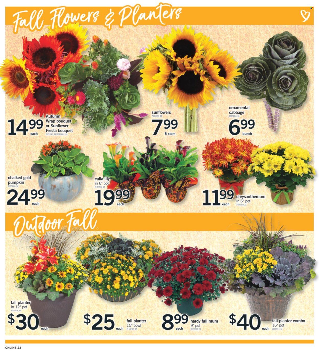 thumbnail - Fortinos Flyer - September 23, 2021 - September 29, 2021 - Sales products - cabbage, pumpkin, Planters, Mum, pot, bowl, sunflower, bouquet. Page 14.