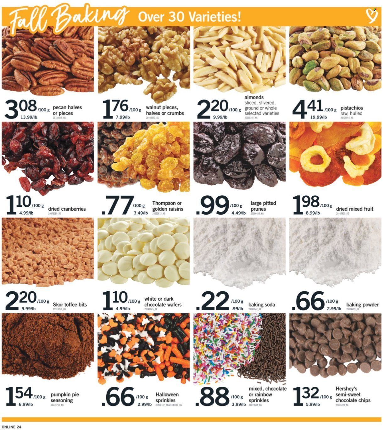 thumbnail - Fortinos Flyer - September 23, 2021 - September 29, 2021 - Sales products - pie, pumpkin, Hershey's, wafers, chocolate wafer, toffee, baking powder, bicarbonate of soda, cranberries, spice, almonds, walnuts, prunes, dried fruit, pistachios, raisins. Page 15.