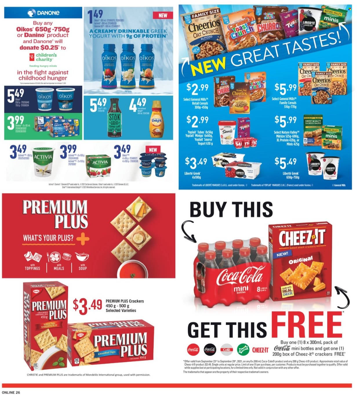 thumbnail - Fortinos Flyer - September 23, 2021 - September 29, 2021 - Sales products - soup, greek yoghurt, yoghurt, Oikos, Yoplait, chocolate, crackers, Cheez-It, oats, cereals, Cheerios, Nature Valley, caramel, Coca-Cola, tops, Danone. Page 16.
