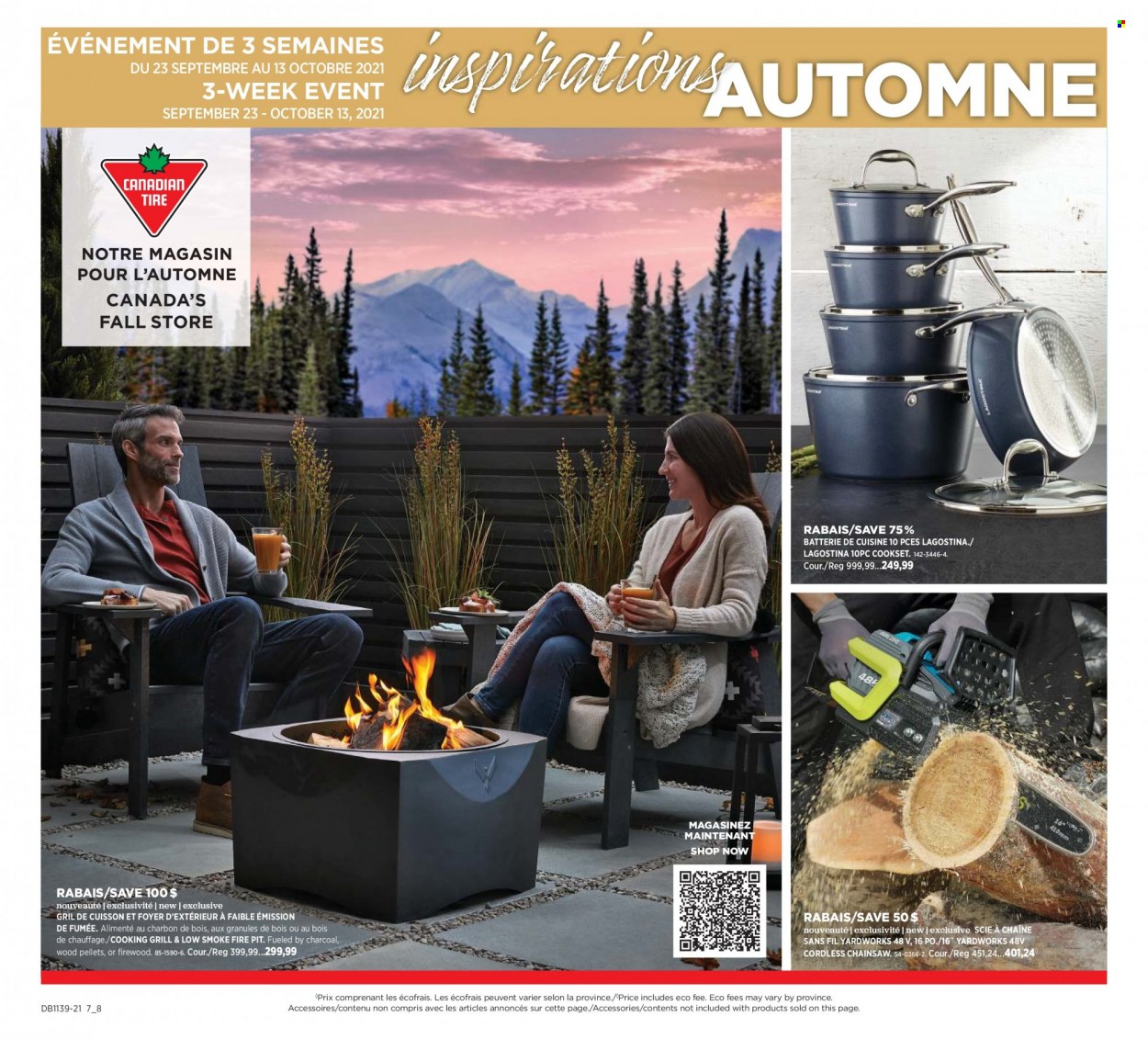 thumbnail - Circulaire Canadian Tire - 23 Septembre 2021 - 13 Octobre 2021 - Produits soldés - grill, batterie de cuisine, scie. Page 1.