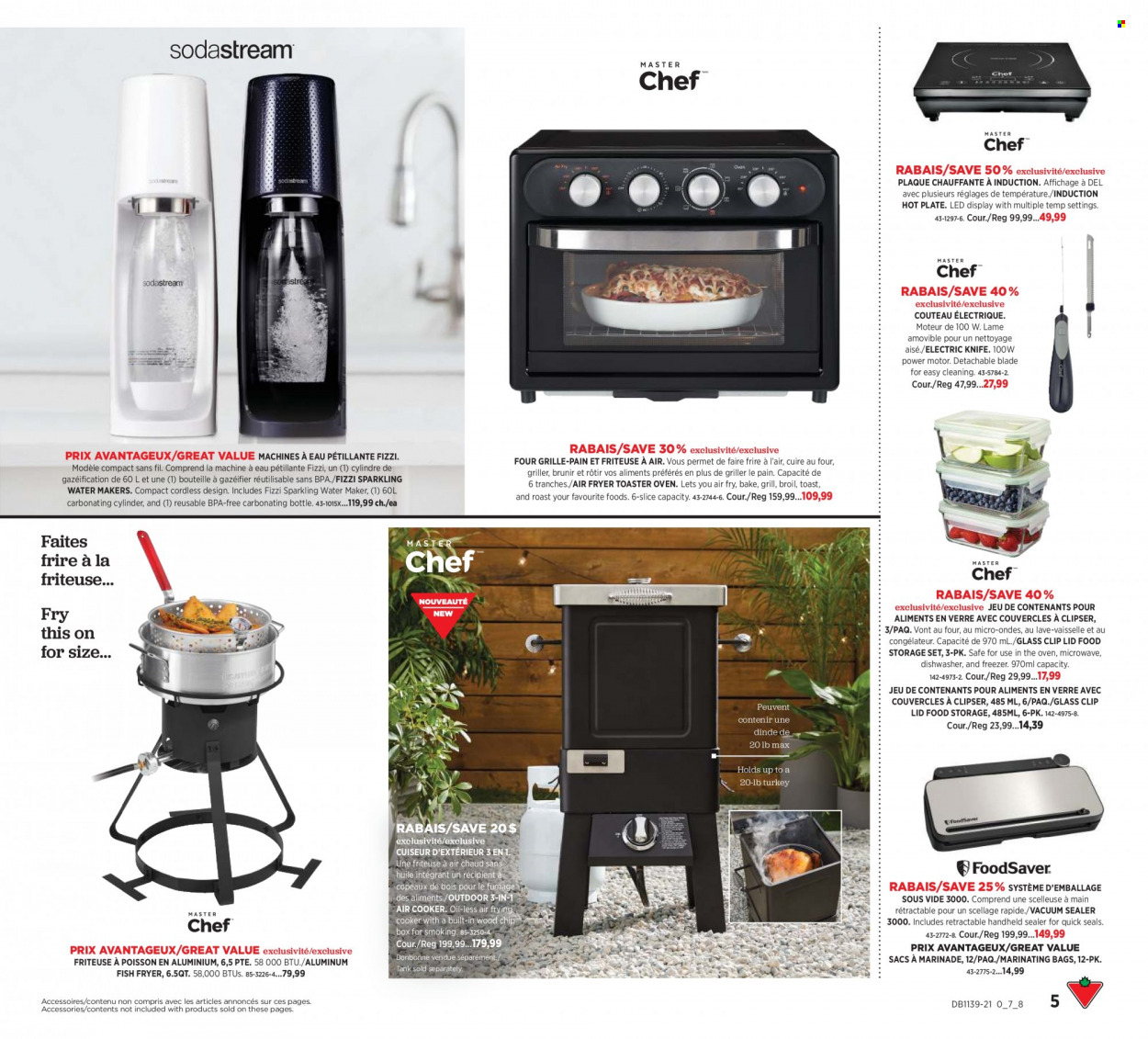 thumbnail - Canadian Tire Flyer - September 23, 2021 - October 13, 2021 - Sales products - vacuum sealer, knife, lid, plate, SodaStream, storage container set, freezer, microwave, dishwasher, air fryer, water maker, grill. Page 5.