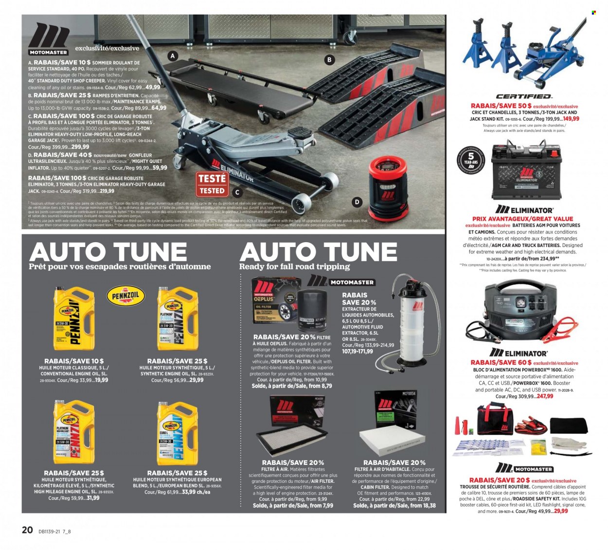thumbnail - Canadian Tire Flyer - September 23, 2021 - October 13, 2021 - Sales products - inflator, flashlight, air filter, oil filter, cabin filter, booster cables, motor oil, Pennzoil. Page 20.