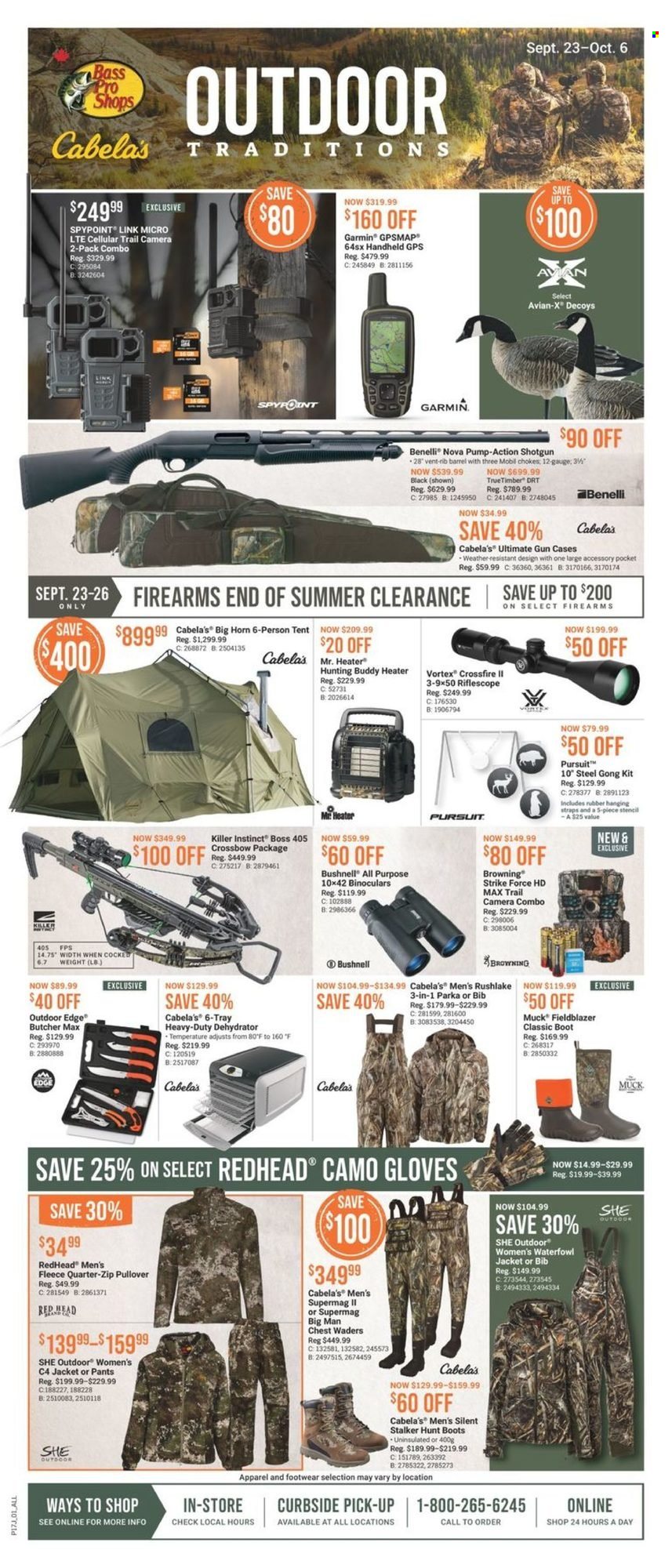 thumbnail - Bass Pro Shops Flyer - September 23, 2021 - October 06, 2021 - Sales products - Garmin, trail cam, jacket, pants, pullover, boots, pump, Bass Pro, binoculars, Browning, riflescope, tent, camera, parka. Page 1.