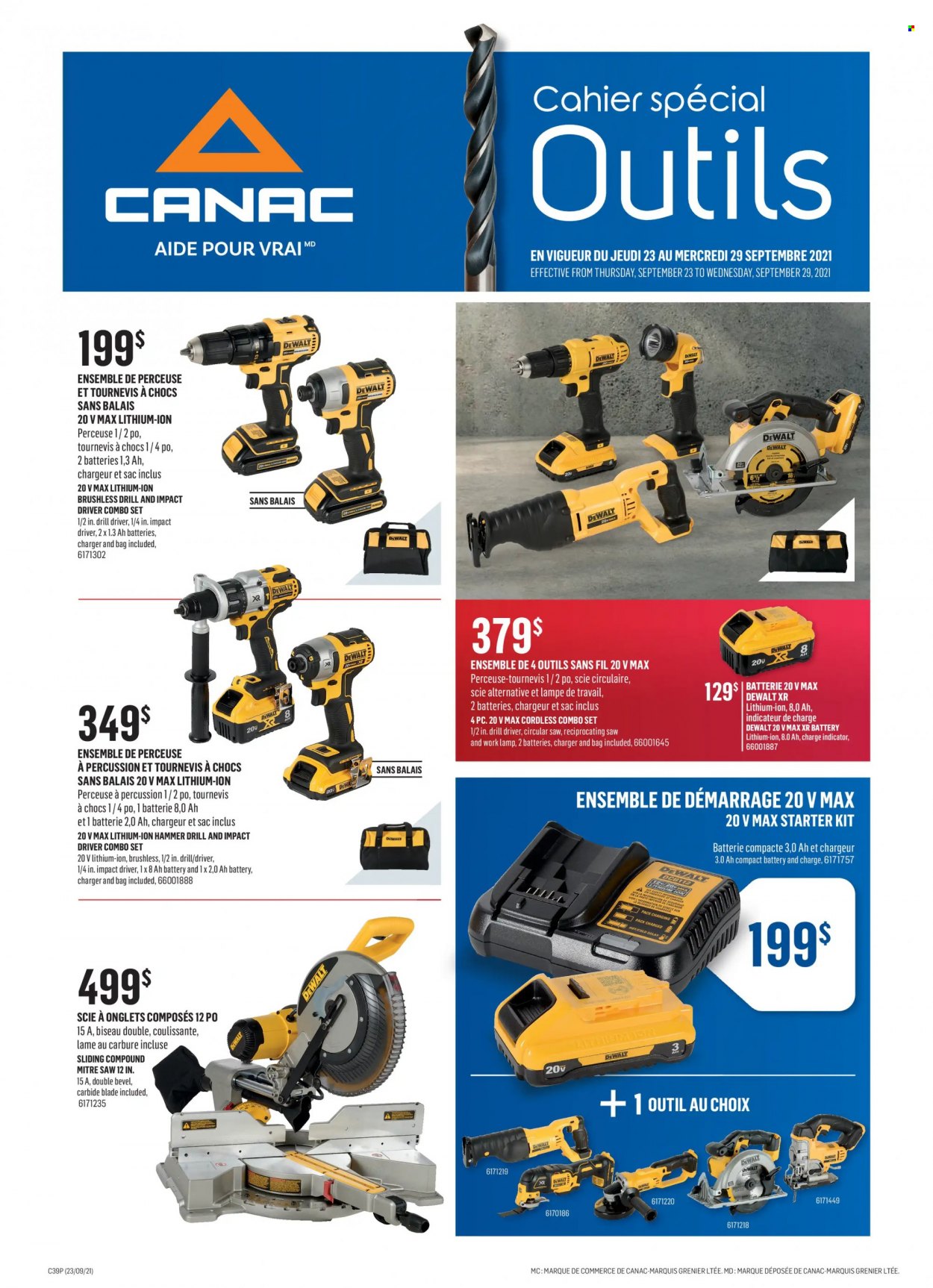 thumbnail - Canac Flyer - September 23, 2021 - September 29, 2021 - Sales products - lamp, DeWALT, drill, impact driver, circular saw, saw, reciprocating saw, work lamp. Page 1.