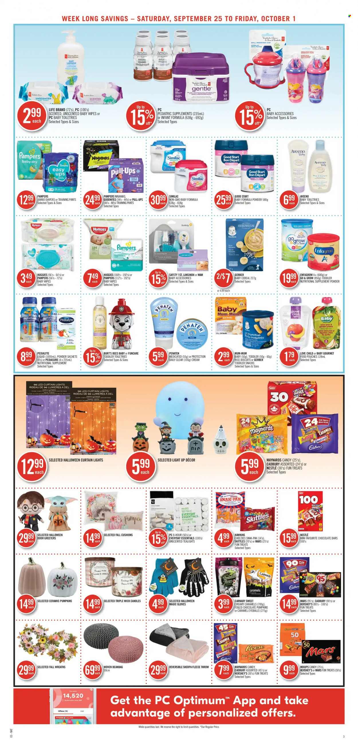 thumbnail - Shoppers Drug Mart Flyer - September 25, 2021 - October 01, 2021 - Sales products - snack, Mars, Hershey's, biscuit, Cadbury, Skittles, chocolate bar, Gerber, pumpkin, cereals, tea, Similac, wipes, pants, baby wipes, nappies, baby pants, Aveeno, body lotion, Mum, nutritional supplement, gloves, Nestlé, Huggies, Pampers. Page 3.