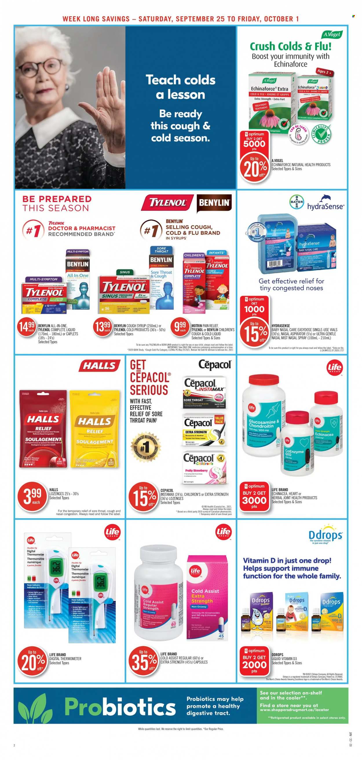 thumbnail - Shoppers Drug Mart Flyer - September 25, 2021 - October 01, 2021 - Sales products - Halls, bubblegum, pastilles, honey, syrup, Boost, Johnson's, Signal, Sure, pain relief, Cold & Flu, glucosamine, Tylenol, probiotics, ginseng, Echinaforce, vitamin D3, Bayer, Benylin, nasal spray, Motrin, thermometer. Page 5.