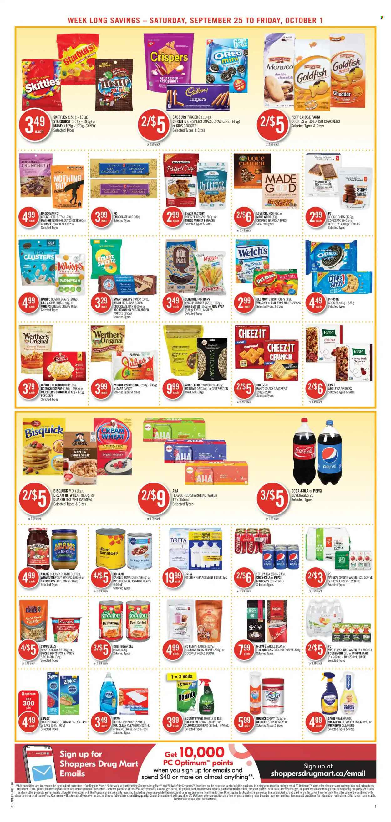 thumbnail - Shoppers Drug Mart Flyer - September 25, 2021 - October 01, 2021 - Sales products - cookies, milk chocolate, wafers, Haribo, Bounty, Celebration, crackers, dark chocolate, Cadbury, Digestive, Skittles, Welch's, fruit snack, Starburst, chocolate bar, tortilla chips, popcorn, Goldfish, veggie straws, Cheez-It, pretzel crisps, Bisquick, oatmeal, corn, Uncle Ben's, Chef Boyardee, Cream of Wheat, granola bar, Quaker, ravioli, chickpeas, pasta, noodles, ginger, Campbell's, caramel, honey, fruit jam, peanut butter, almonds, pistachios, trail mix, Coca-Cola, Pepsi, juice, fruit punch, tea, coffee, ground coffee, McCafe, kitchen towels, paper towels, stain remover, Clorox, Bounce, Palmolive, soap, Ziploc, alcohol, Oreo, chips, M&M's. Page 8.