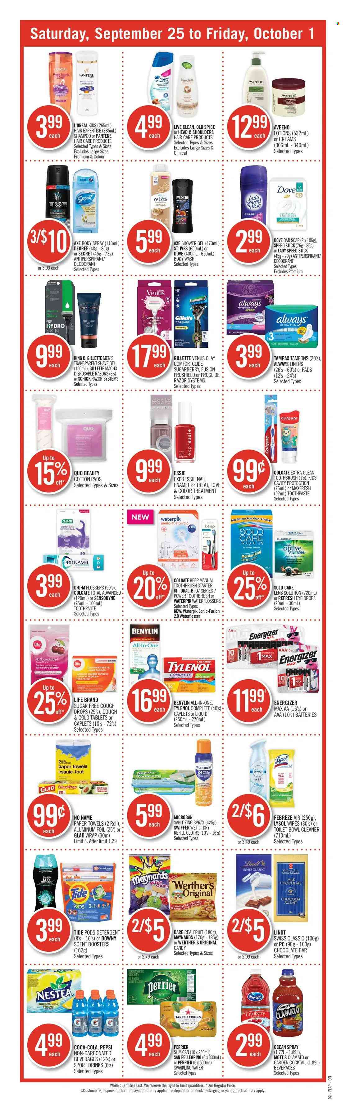 thumbnail - Shoppers Drug Mart Flyer - September 25, 2021 - October 01, 2021 - Sales products - milk chocolate, Mott's, chocolate bar, spice, caramel, Coca-Cola, Pepsi, Clamato, Perrier, sparkling water, San Pellegrino, wipes, Aveeno, Always liners, kitchen towels, paper towels, Febreze, cleaner, Lysol, Swiffer, Tide, scent booster, body wash, shower gel, soap bar, soap, toothbrush, toothpaste, tampons, L’Oréal, Olay, body spray, anti-perspirant, Speed Stick, razor, shave gel, Schick, Venus, disposable razor, nail enamel, Cold & Flu, Tylenol, eye drops, cough drops, Benylin, detergent, Dove, Energizer, Colgate, Gillette, shampoo, Tampax, Head & Shoulders, Pantene, Old Spice, Oral-B, Sensodyne, Lindt, deodorant. Page 17.
