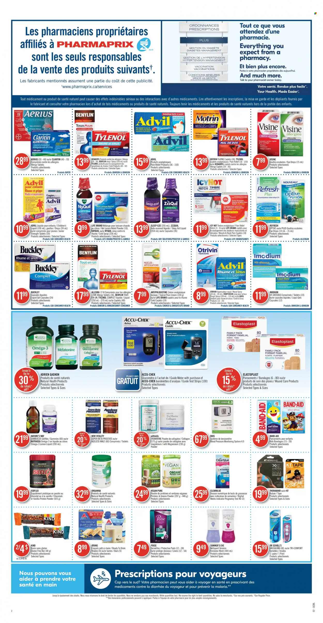 thumbnail - Pharmaprix Flyer - September 25, 2021 - October 01, 2021 - Sales products - shake, chocolate, dark chocolate, sea salt, syrup, Johnson's, repellent, pain relief, DayQuil, glucosamine, magnesium, Tylenol, ZzzQuil, NyQuil, Omega-3, eye drops, Advil Rapid, whey protein, Bayer, Benylin, nasal spray, Motrin, Dr. Scholl's, band-aid, Robitussin, Imodium. Page 2.
