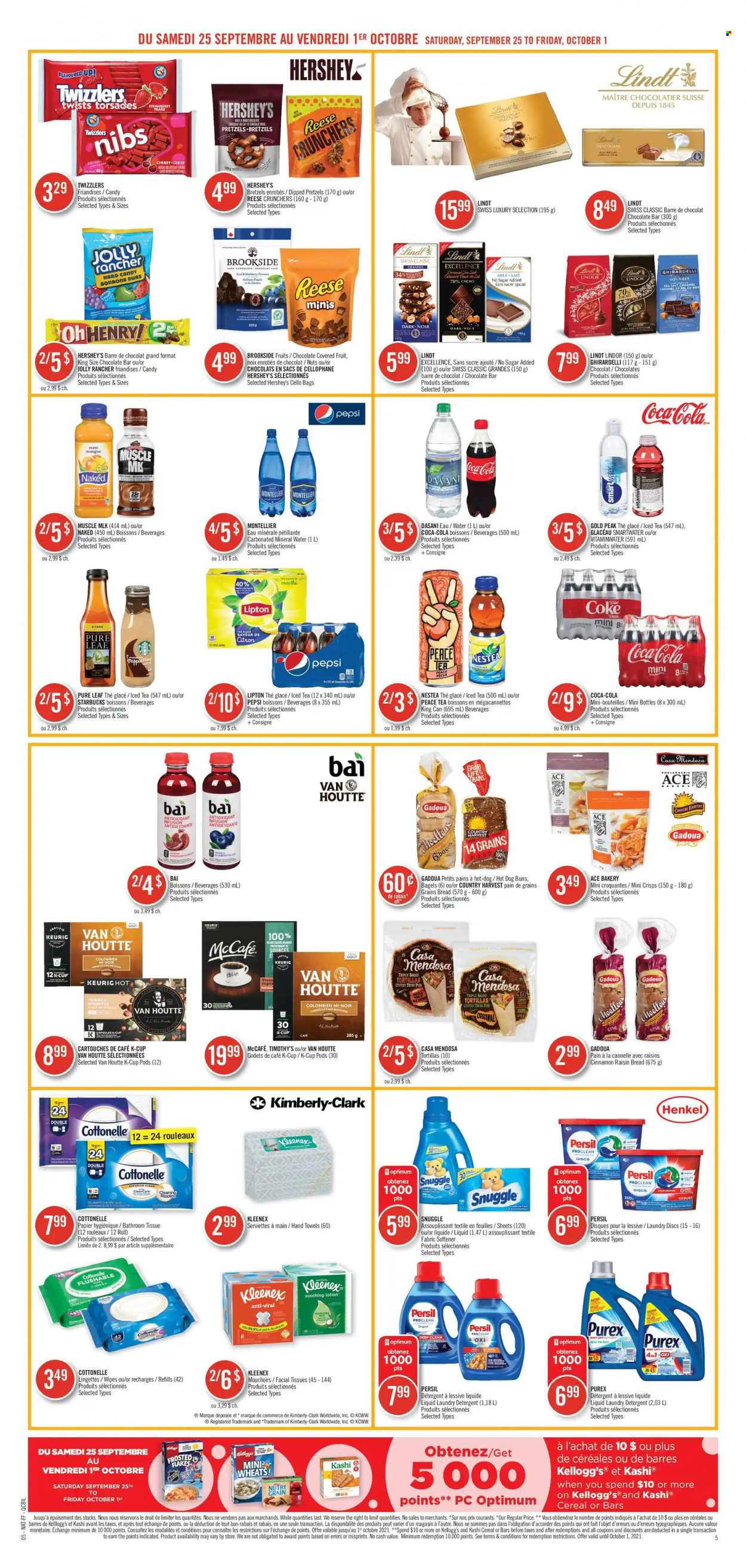 thumbnail - Pharmaprix Flyer - September 25, 2021 - October 01, 2021 - Sales products - bagels, bread, tortillas, pretzels, buns, ACE Bakery, cherries, milk, Hershey's, Country Harvest, Kellogg's, dark chocolate, Ghirardelli, chocolate bar, sea salt, cereals, Frosted Flakes, Nutri-Grain, caramel, dried fruit, Coca-Cola, Pepsi, ice tea, Bai, mineral water, Smartwater, Pure Leaf, coffee capsules, Starbucks, McCafe, K-Cups, Keurig, wipes, bath tissue, Cottonelle, Kleenex, Snuggle, Persil, fabric softener, laundry detergent, Purex, facial tissues, body lotion, Cello, towel, hand towel, detergent, raisins, Lipton, Lindt, Lindor. Page 7.