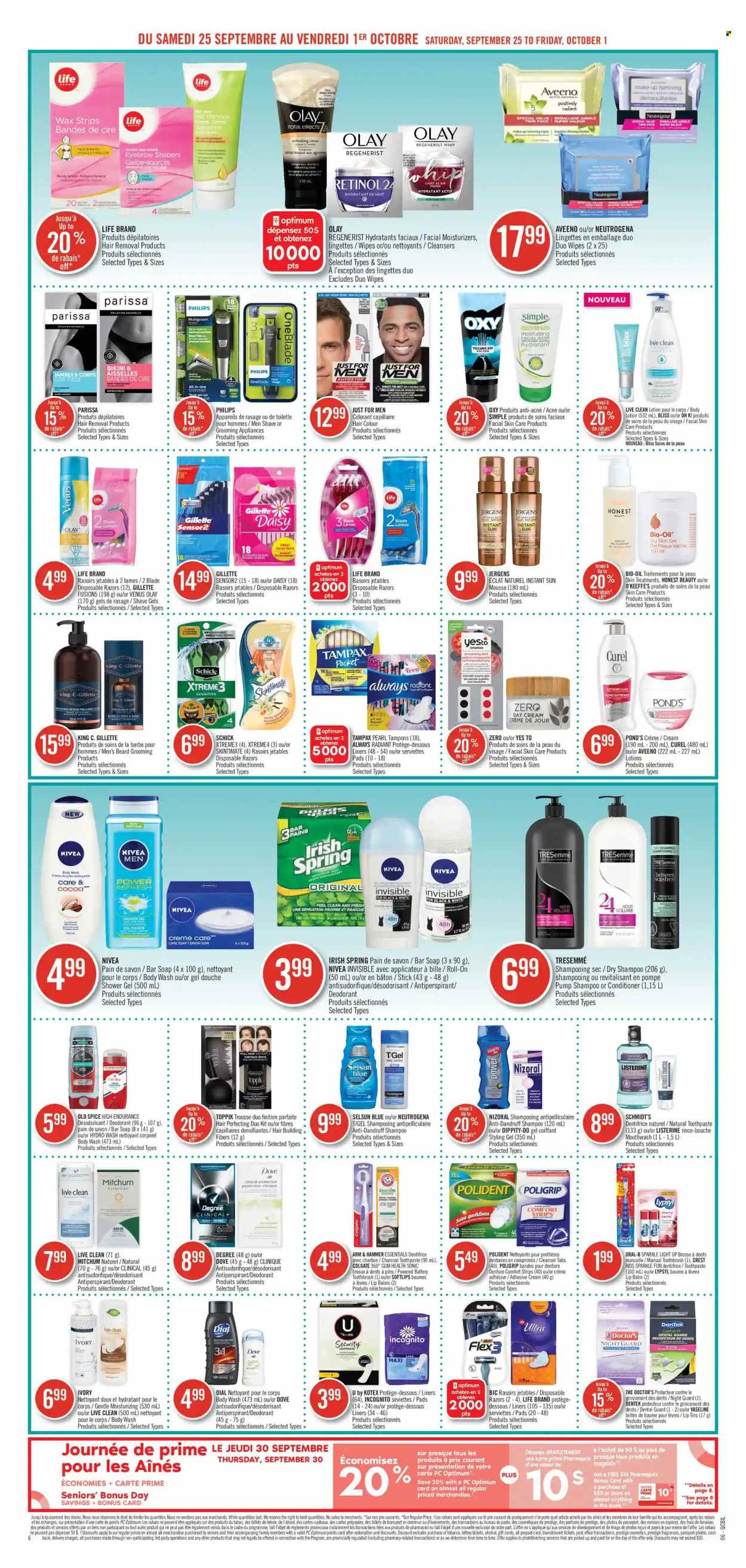 thumbnail - Pharmaprix Flyer - September 25, 2021 - October 01, 2021 - Sales products - Philips, cherries, ARM & HAMMER, cocoa, spice, oil, wipes, Aveeno, body wash, shower gel, Vaseline, soap bar, POND'S, Dial, soap, toothbrush, toothpaste, mouthwash, Polident, Crest, Kotex, tampons, cleanser, Clinique, day cream, lip balm, moisturizer, Olay, Curél, conditioner, TRESemmé, hair color, styling gel, Toppik, body lotion, Jergens, anti-perspirant, Eclat, roll-on, BIC, Schick, Venus, hair removal, wax strips, disposable razor, trimmer, makeup, pump, Dove, Colgate, Gillette, Listerine, Neutrogena, shampoo, Tampax, Nivea, Old Spice, Oral-B, deodorant. Page 8.