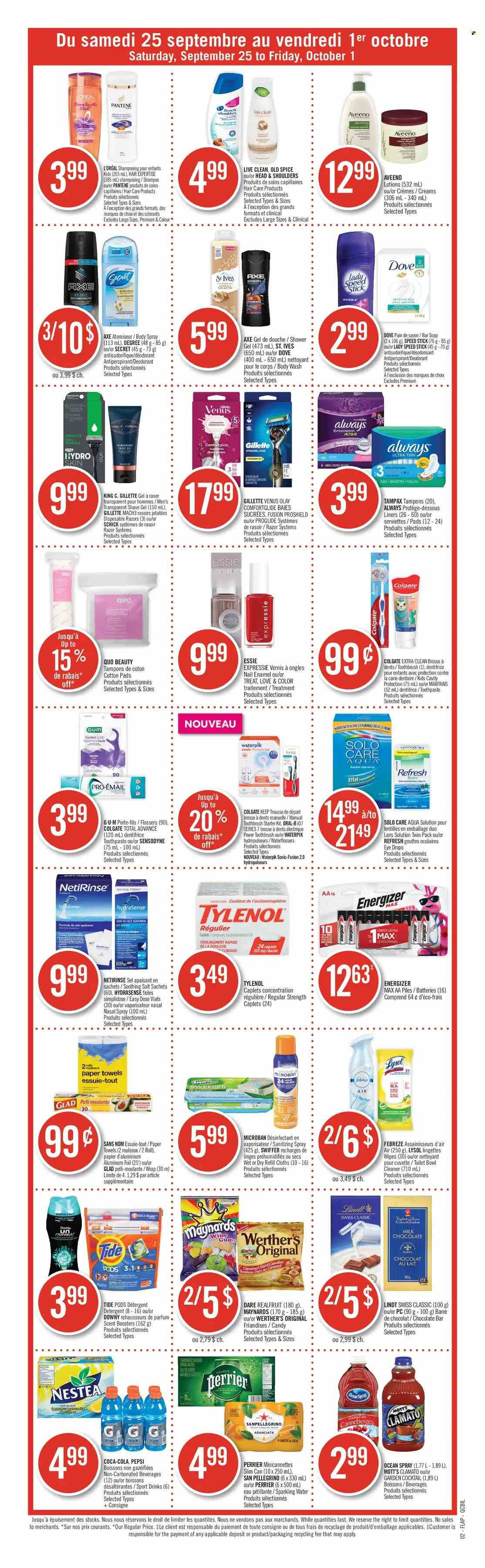 thumbnail - Pharmaprix Flyer - September 25, 2021 - October 01, 2021 - Sales products - Mott's, milk chocolate, chocolate bar, salt, spice, caramel, Coca-Cola, Pepsi, Clamato, Perrier, sparkling water, San Pellegrino, wipes, Aveeno, kitchen towels, paper towels, Febreze, cleaner, Lysol, Swiffer, Tide, scent booster, body wash, shower gel, soap bar, soap, toothbrush, toothpaste, tampons, Clinique, L’Oréal, Olay, body spray, anti-perspirant, Speed Stick, razor, shave gel, Schick, Venus, disposable razor, nail enamel, aluminium foil, deco strips, battery, lens, Tylenol, eye drops, nasal spray, detergent, Dove, Energizer, Colgate, Gillette, shampoo, Tampax, Head & Shoulders, Pantene, Old Spice, Oral-B, Sensodyne, Lindt, deodorant. Page 13.