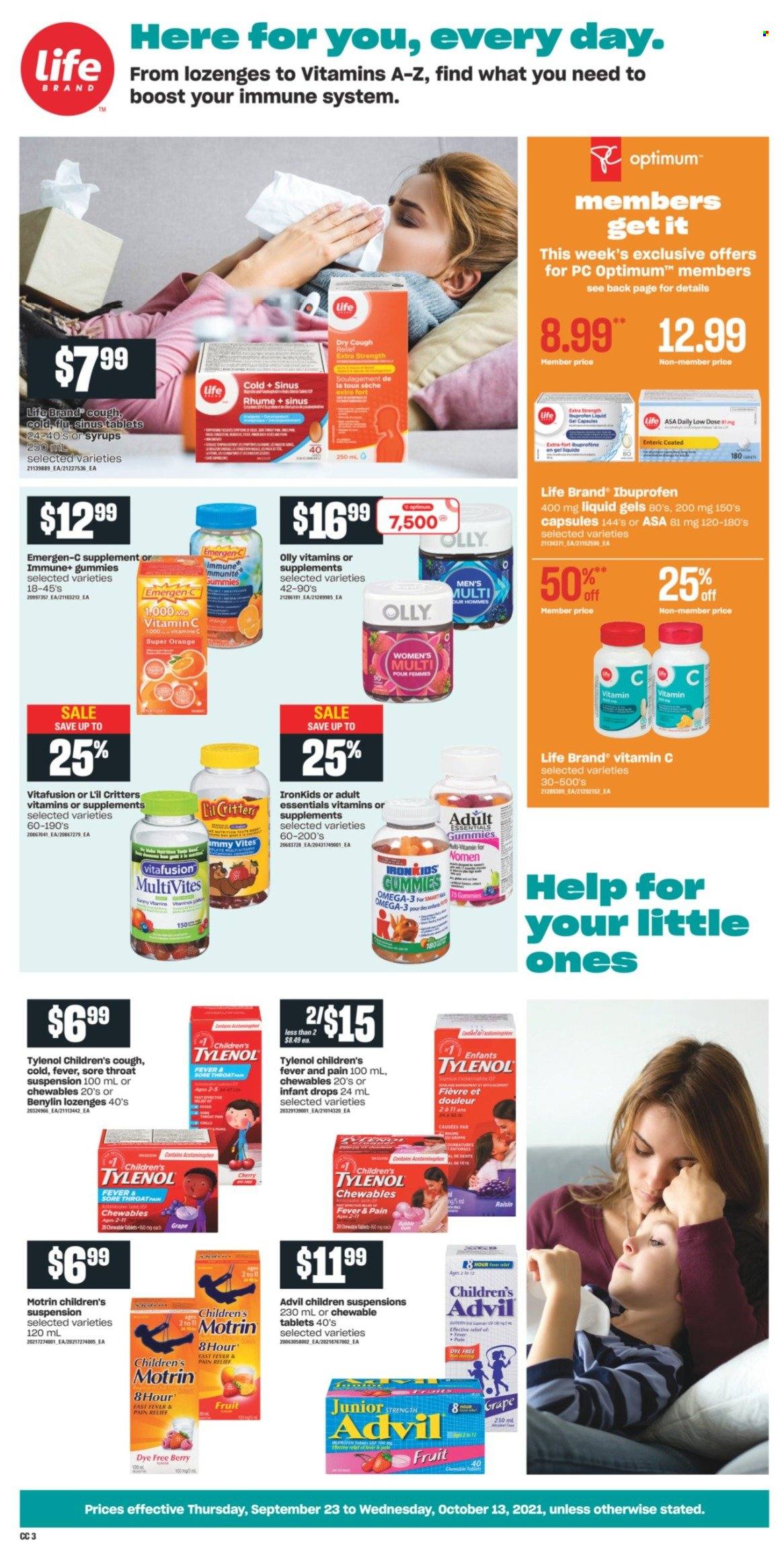 thumbnail - Independent Flyer - September 23, 2021 - October 13, 2021 - Sales products - Boost, Optimum, pain relief, Tylenol, Vitafusion, vitamin c, Ibuprofen, Omega-3, Advil Rapid, Emergen-C, Low Dose, Benylin, Motrin, oranges. Page 3.