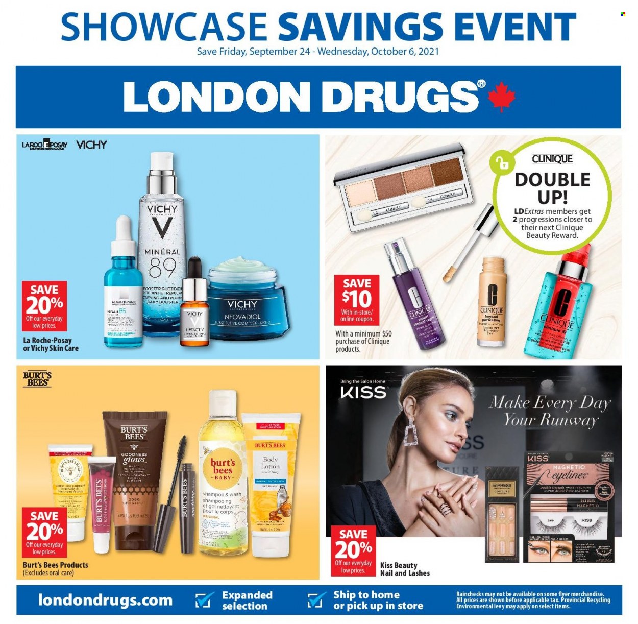 thumbnail - London Drugs Flyer - September 24, 2021 - October 06, 2021 - Sales products - ointment, Vichy, Clinique, La Roche-Posay, serum, body lotion, shampoo. Page 1.