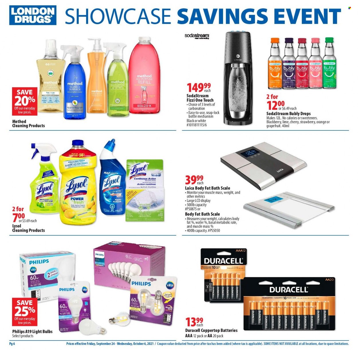 thumbnail - London Drugs Flyer - September 24, 2021 - October 06, 2021 - Sales products - Philips, scale, personal scale, Lysol, SodaStream, battery, bulb, Duracell, light bulb. Page 6.
