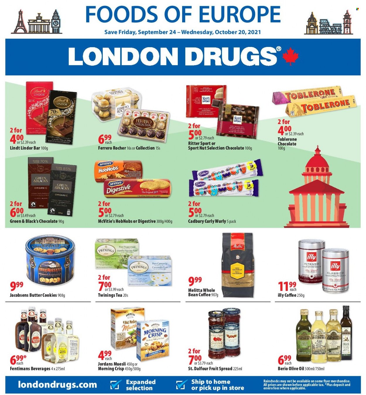 thumbnail - Circulaire London Drugs - 24 Septembre 2021 - 20 Octobre 2021 - Produits soldés - cookies, cacao, Jordans, menthe, Ritter Sport, Ferrero Rocher, Lindor, Lindt. Page 1.