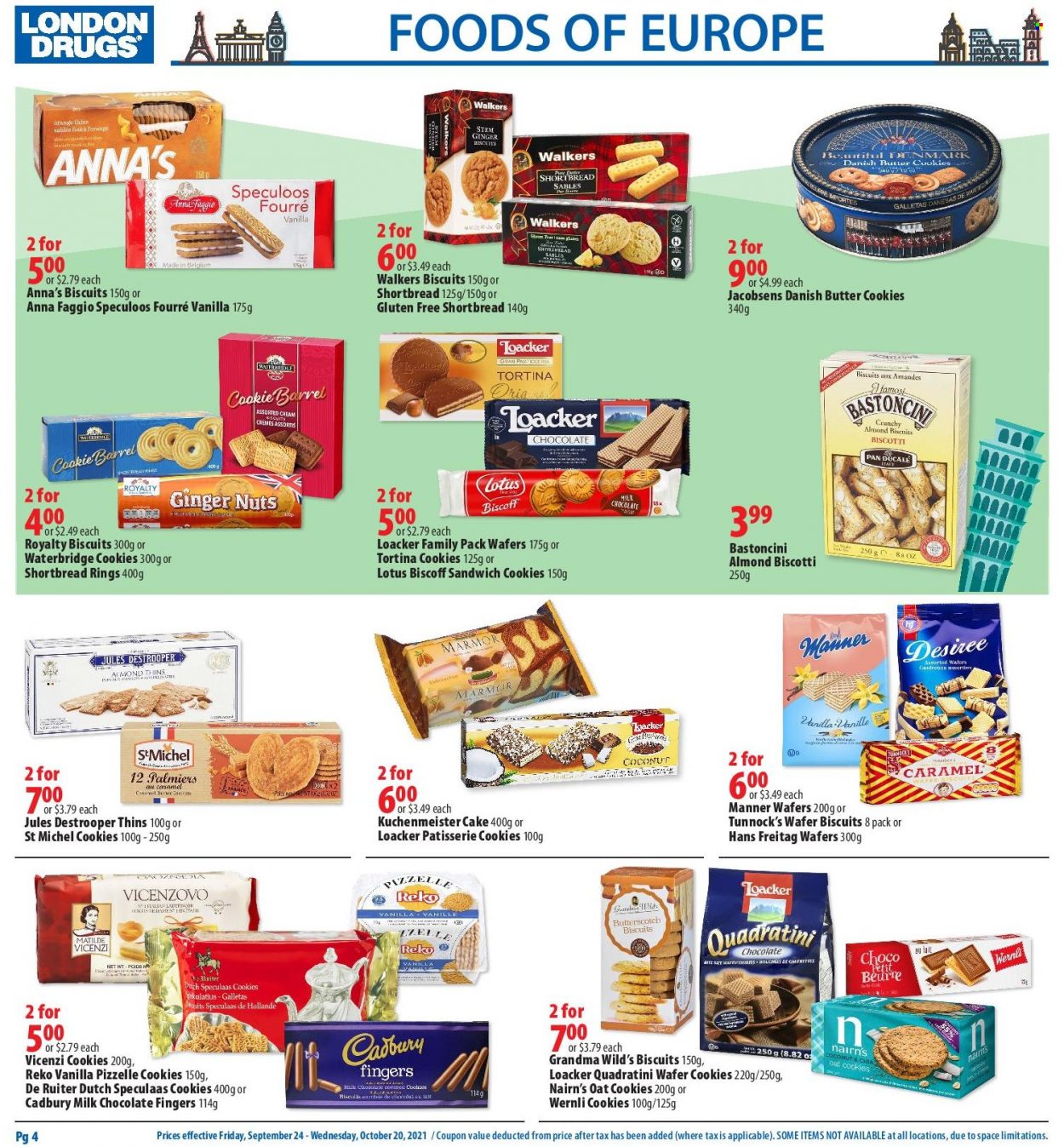 thumbnail - London Drugs Flyer - September 24, 2021 - October 20, 2021 - Sales products - biscotti, butterscotch, cookies, milk chocolate, sandwich cookies, Spekulatius, wafers, chocolate, cake, butter cookies, biscuit, Cadbury, Thins, ginger, caramel, Lotus, pan. Page 4.