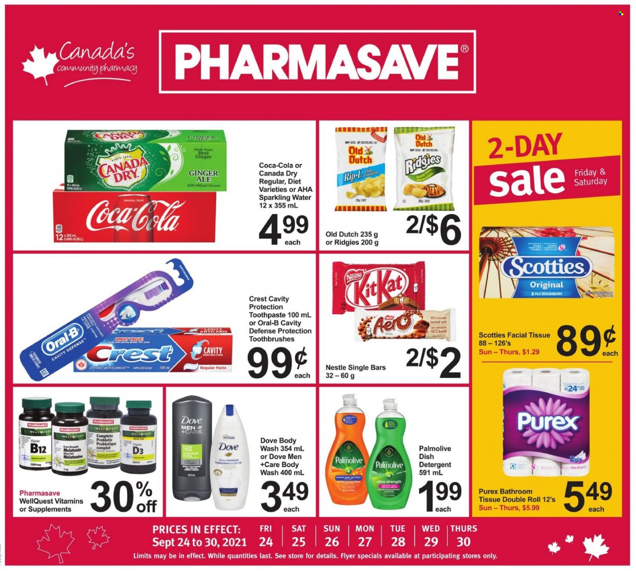 thumbnail - Pharmasave Flyer - September 24, 2021 - September 30, 2021 - Sales products - Canada Dry, Coca-Cola, ginger ale, sparkling water, bath tissue, Purex, body wash, Palmolive, toothpaste, Crest, Melatonin, vitamin D3, Nestlé, detergent, Dove, Oral-B, chips. Page 1.