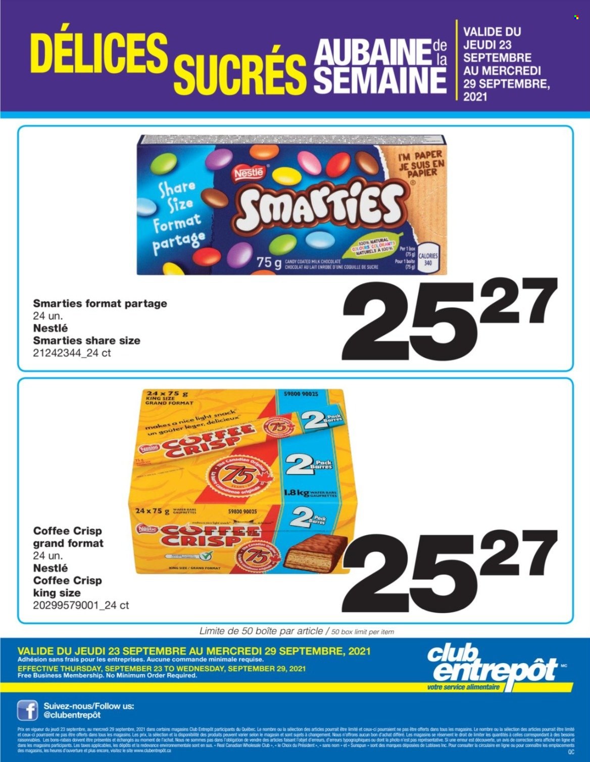 thumbnail - Wholesale Club Flyer - September 23, 2021 - September 29, 2021 - Sales products - Président, milk chocolate, chocolate, snack, coffee, paper, Nestlé, Smarties. Page 1.