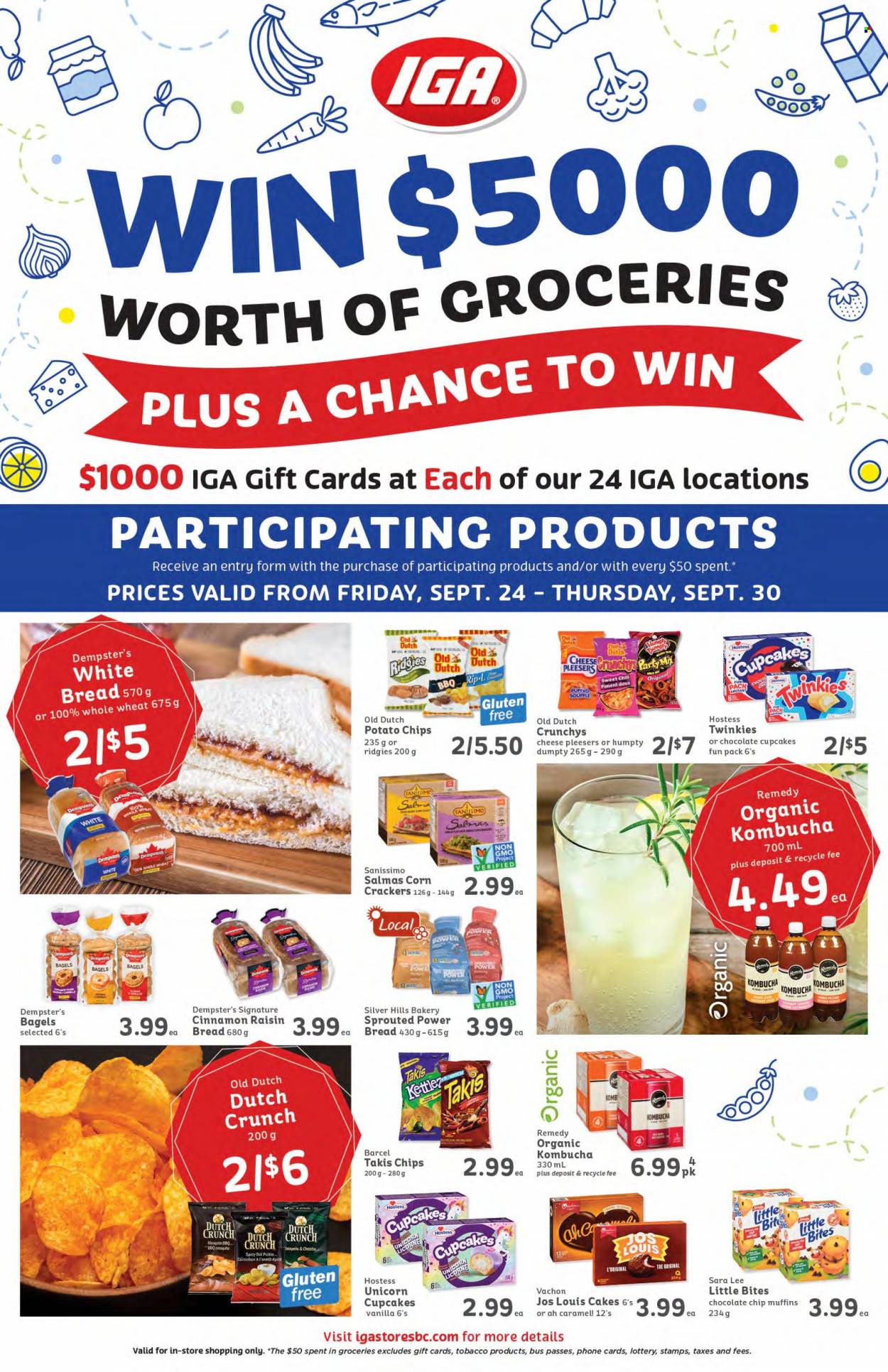 thumbnail - IGA Simple Goodness Flyer - September 24, 2021 - September 30, 2021 - Sales products - bagels, bread, white bread, cake, Sara Lee, cupcake, muffin, corn, cheese, crackers, Little Bites, potato chips, dill, caramel, kombucha, chips. Page 2.