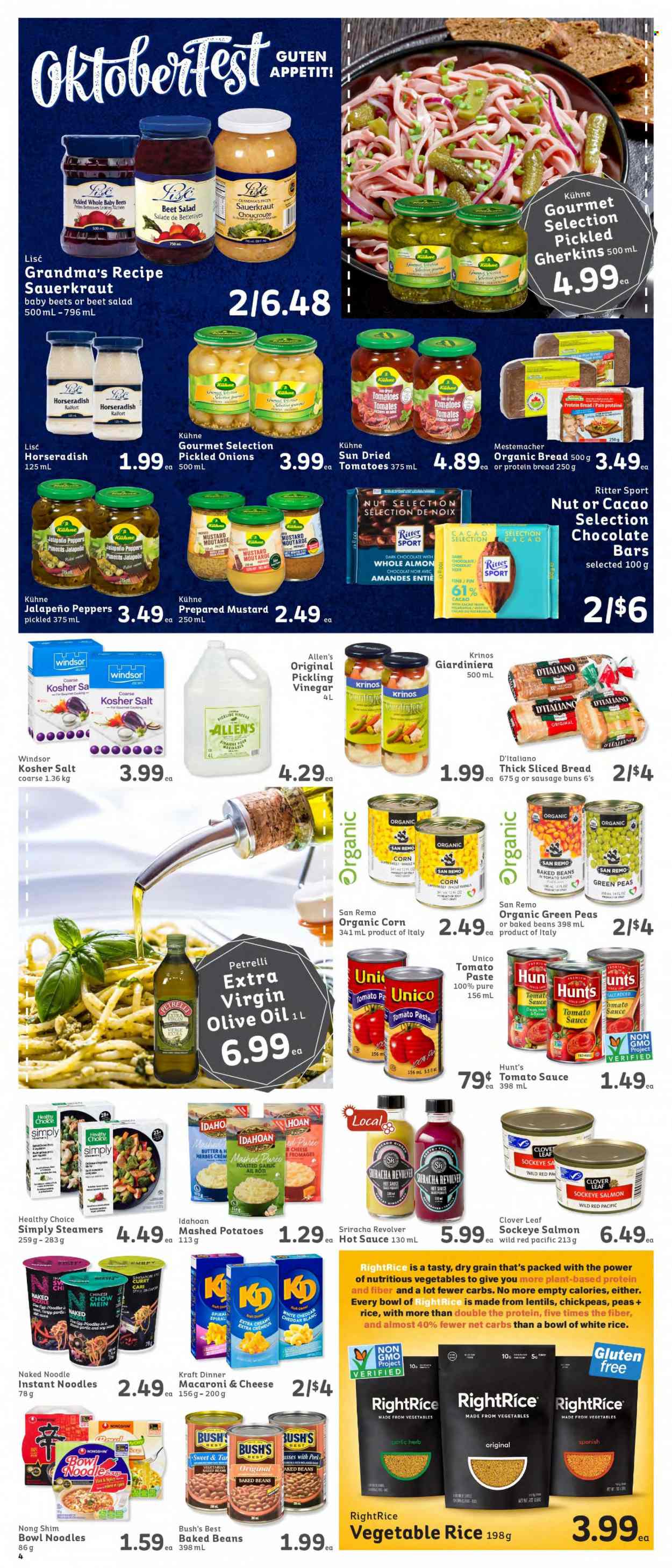 thumbnail - IGA Simple Goodness Flyer - September 24, 2021 - September 30, 2021 - Sales products - bread, buns, beans, corn, horseradish, onion, jalapeño, avocado, salmon, macaroni & cheese, mashed potatoes, instant noodles, noodles, Healthy Choice, Kraft®, Clover, eggs, butter, dark chocolate, Ritter Sport, chocolate bar, lentils, sauerkraut, tomato paste, baked beans, chickpeas, white rice, cloves, mustard, sriracha, hot sauce, extra virgin olive oil, vinegar, olive oil, oil, molasses. Page 5.