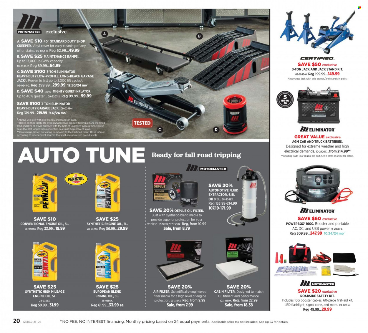 thumbnail - Canadian Tire Flyer - September 24, 2021 - October 14, 2021 - Sales products - inflator, flashlight, air filter, oil filter, cabin filter, booster cables, motor oil. Page 19.