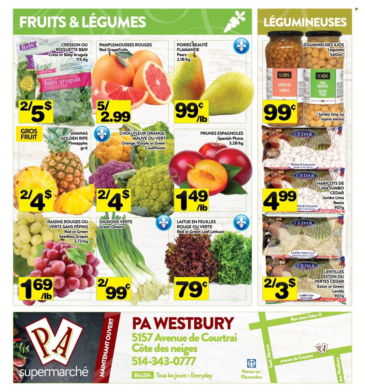 thumbnail - PA Supermarché Flyer - September 27, 2021 - October 03, 2021 - Sales products - arugula, beans, cauliflower, peas, lettuce, green onion, grapefruits, grapes, seedless grapes, pineapple, plums, pears, lima beans, lentils, prunes, dried fruit, raisins. Page 4.
