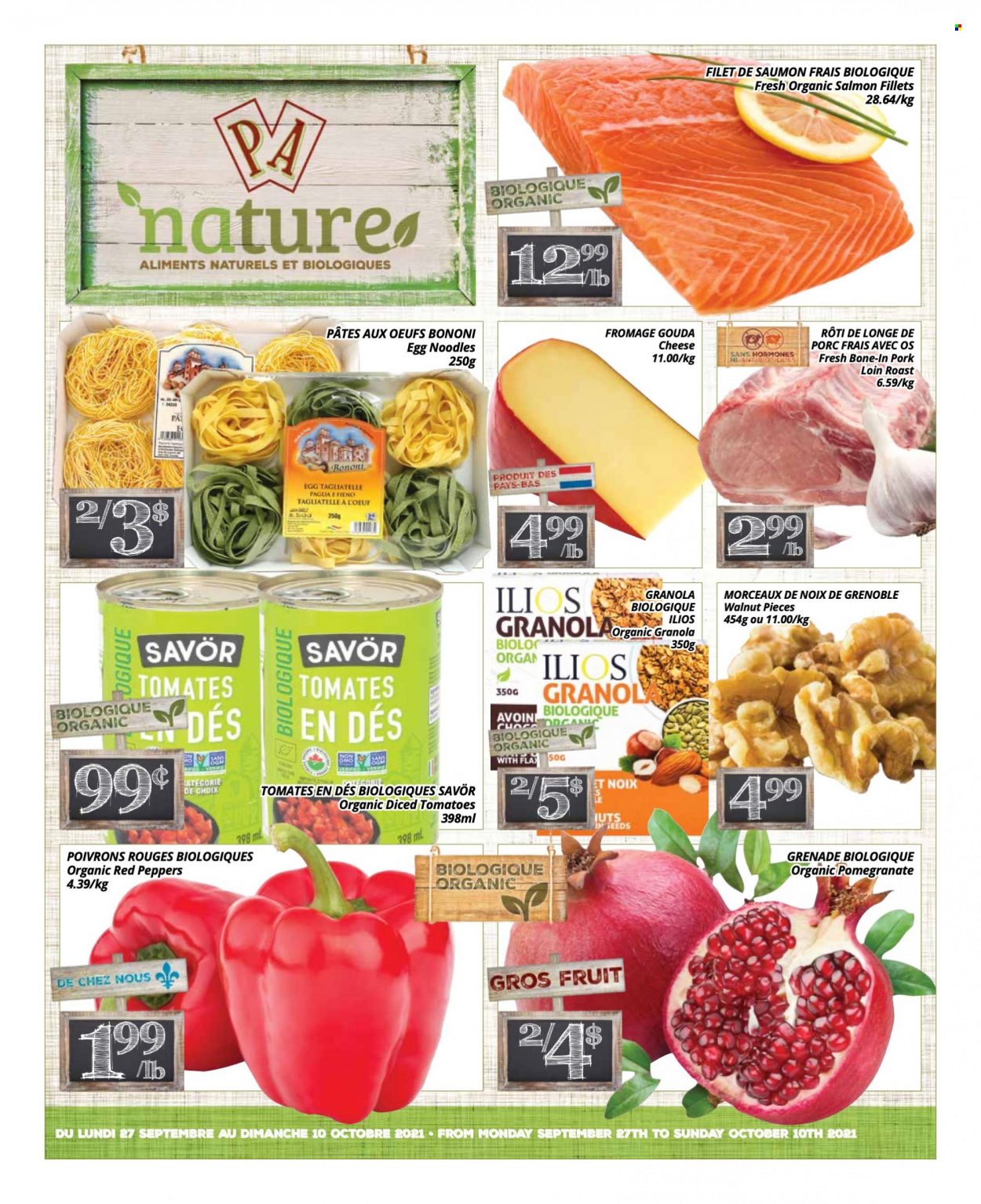 thumbnail - Circulaire PA Nature - 27 Septembre 2021 - 10 Octobre 2021 - Produits soldés - tomates, poivrons, saumon, pavés de saumon, fromage, granola, tagliatelles, noix de Grenoble. Page 1.