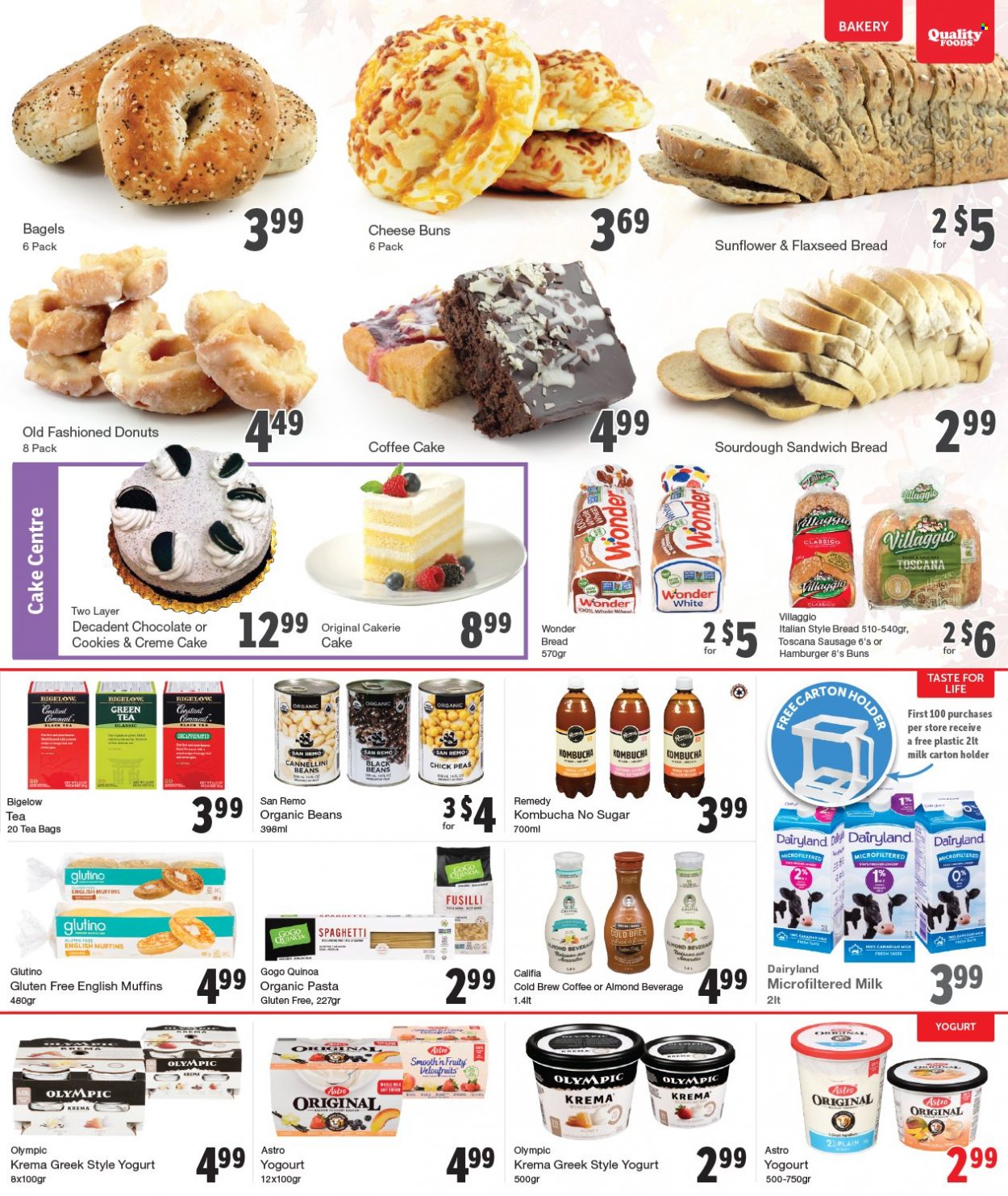 thumbnail - Quality Foods Flyer - September 27, 2021 - October 03, 2021 - Sales products - bagels, bread, english muffins, cake, buns, donut, cream pie, coffee cake, peas, spaghetti, hamburger, pasta, sausage, cheese, yoghurt, milk, cookies, chocolate, black beans, cannellini beans, Classico, kombucha, green tea, tea bags, holder, quinoa. Page 6.