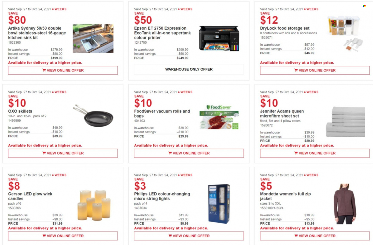 thumbnail - Costco Flyer - September 27, 2021 - October 24, 2021 - Sales products - Philips, bowl, storage container set, candle, pillow, tank, Epson, printer, jacket, sink, string lights. Page 2.