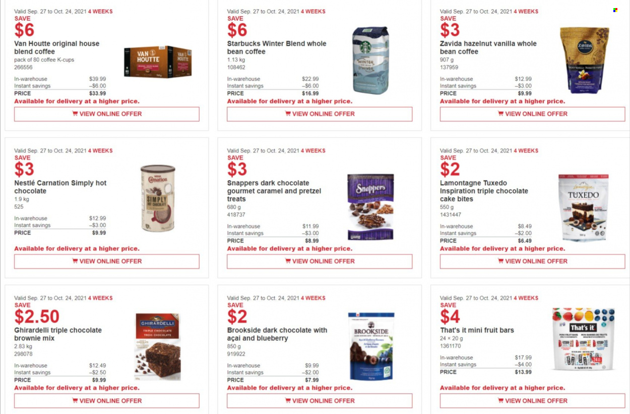 thumbnail - Costco Flyer - September 27, 2021 - October 24, 2021 - Sales products - pretzels, cake, chocolate cake, brownie mix, dark chocolate, Ghirardelli, caramel, hot chocolate, coffee, coffee capsules, Starbucks, K-Cups, Nestlé. Page 5.