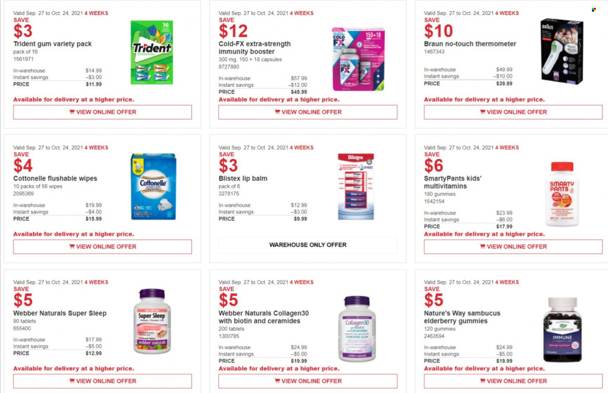 thumbnail - Costco Flyer - September 27, 2021 - October 24, 2021 - Sales products - Trident, wipes, pants, Cottonelle, lip balm, thermometer, Biotin, multivitamin, Braun. Page 8.