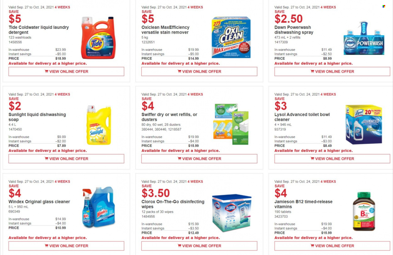 thumbnail - Costco Flyer - September 27, 2021 - October 24, 2021 - Sales products - wipes, Windex, cleaner, stain remover, Lysol, glass cleaner, Clorox, toilet bowl, OxiClean, Swiffer, Tide, laundry detergent, Sunlight, soap, toilet, detergent. Page 11.