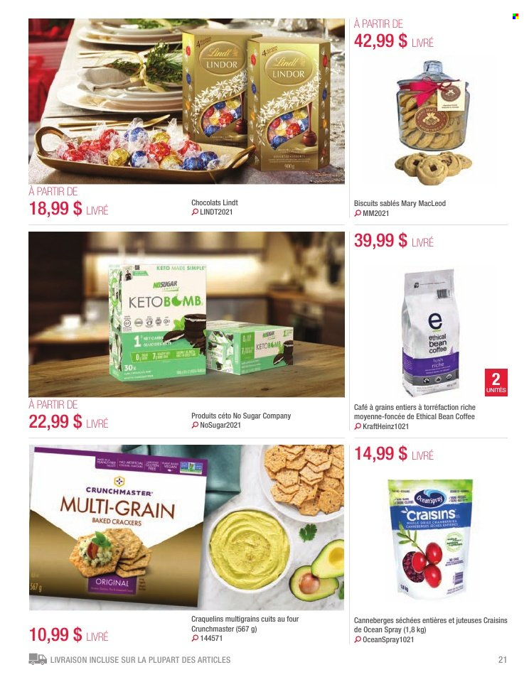thumbnail - Costco Flyer - October 01, 2021 - November 30, 2021 - Sales products - crackers, biscuit, craisins, dried fruit, coffee, Ethical, Lindt, Lindor. Page 21.