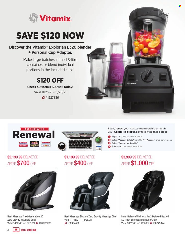 thumbnail - Costco Flyer - October 01, 2021 - November 30, 2021 - Sales products - cup, container, adapter, massage chair, chair, blender. Page 4.