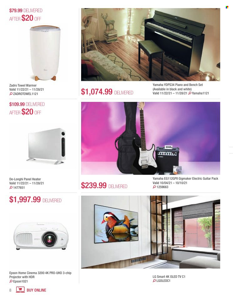 thumbnail - Costco Flyer - October 01, 2021 - November 30, 2021 - Sales products - guitar, towel, TV, home theater, projector, Epson, bench, heater, LG. Page 8.