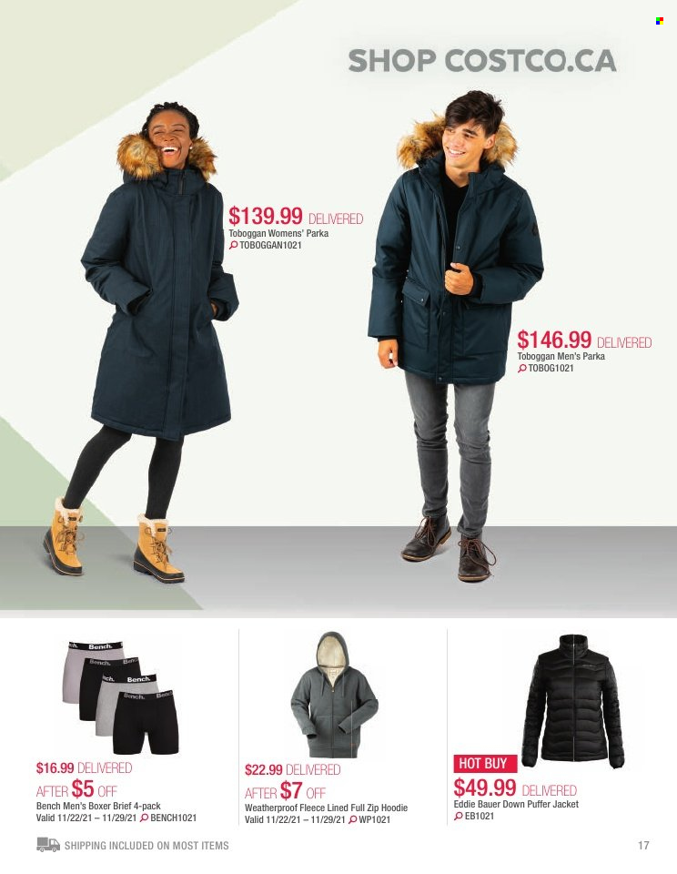 thumbnail - Costco Flyer - October 01, 2021 - November 30, 2021 - Sales products - bench, jacket, puffer jacket, hoodie, parka. Page 17.