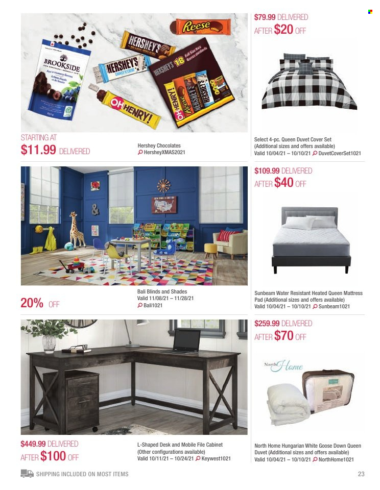 thumbnail - Costco Flyer - October 01, 2021 - November 30, 2021 - Sales products - Hershey's, chocolate, shades, duvet, quilt cover set, Sunbeam, cabinet, mattress. Page 23.