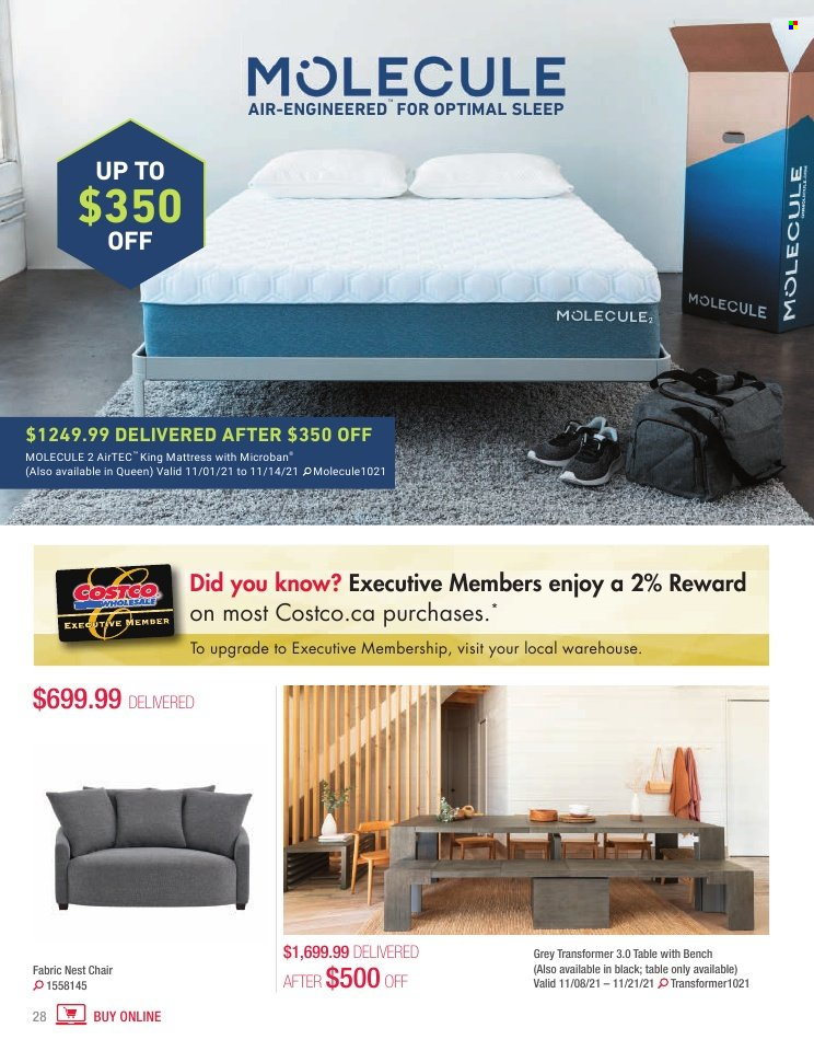 thumbnail - Costco Flyer - October 01, 2021 - November 30, 2021 - Sales products - table, chair, bench, mattress. Page 28.