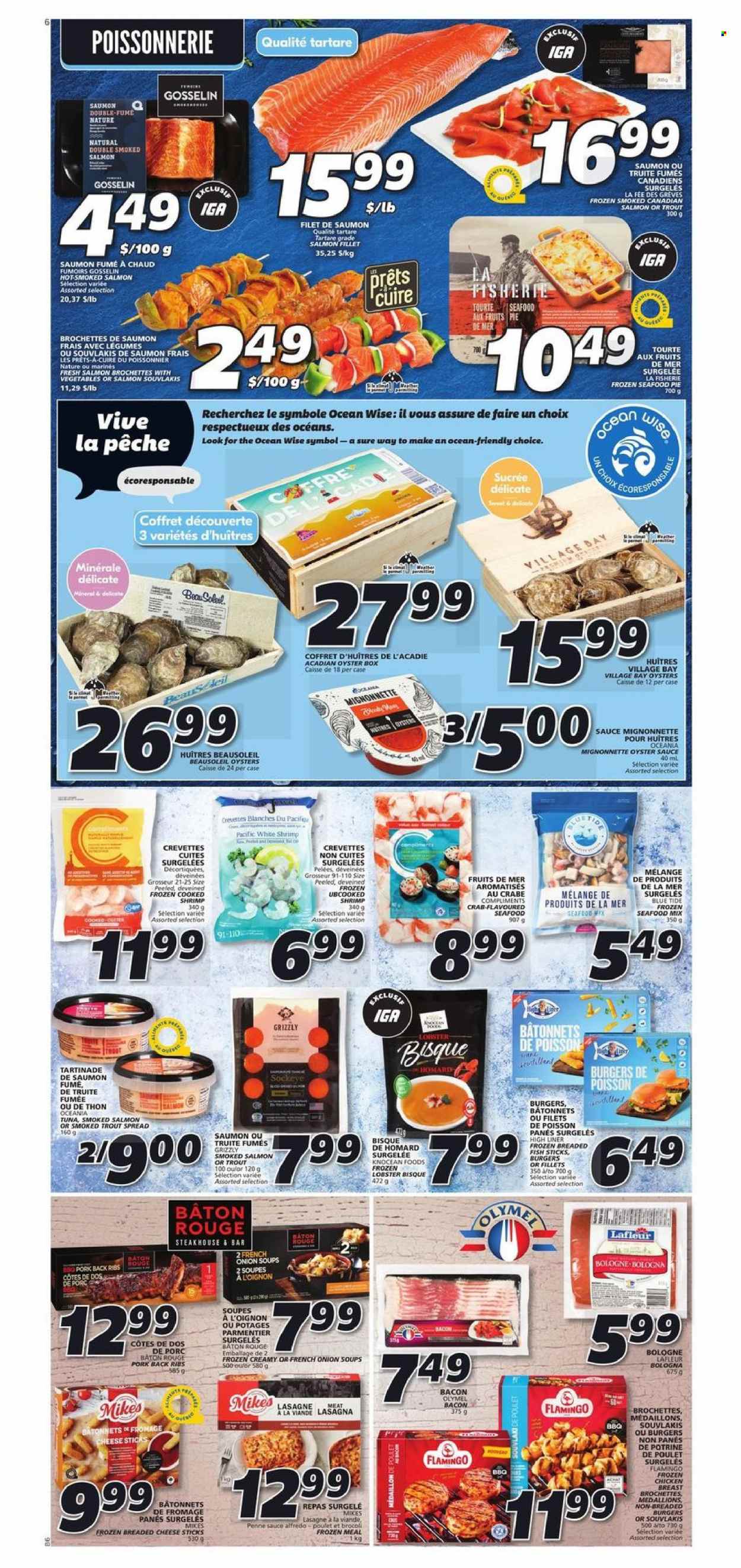 thumbnail - IGA Flyer - September 30, 2021 - October 06, 2021 - Sales products - pie, onion, lobster, salmon fillet, smoked salmon, trout, oysters, seafood, crab, fish, shrimps, fish fingers, fish sticks, hamburger, sauce, lasagna meal, breaded fish, bacon, bologna sausage, cheese, cheese sticks, penne, oyster sauce, chicken, pork meat, pork ribs, pork back ribs. Page 5.