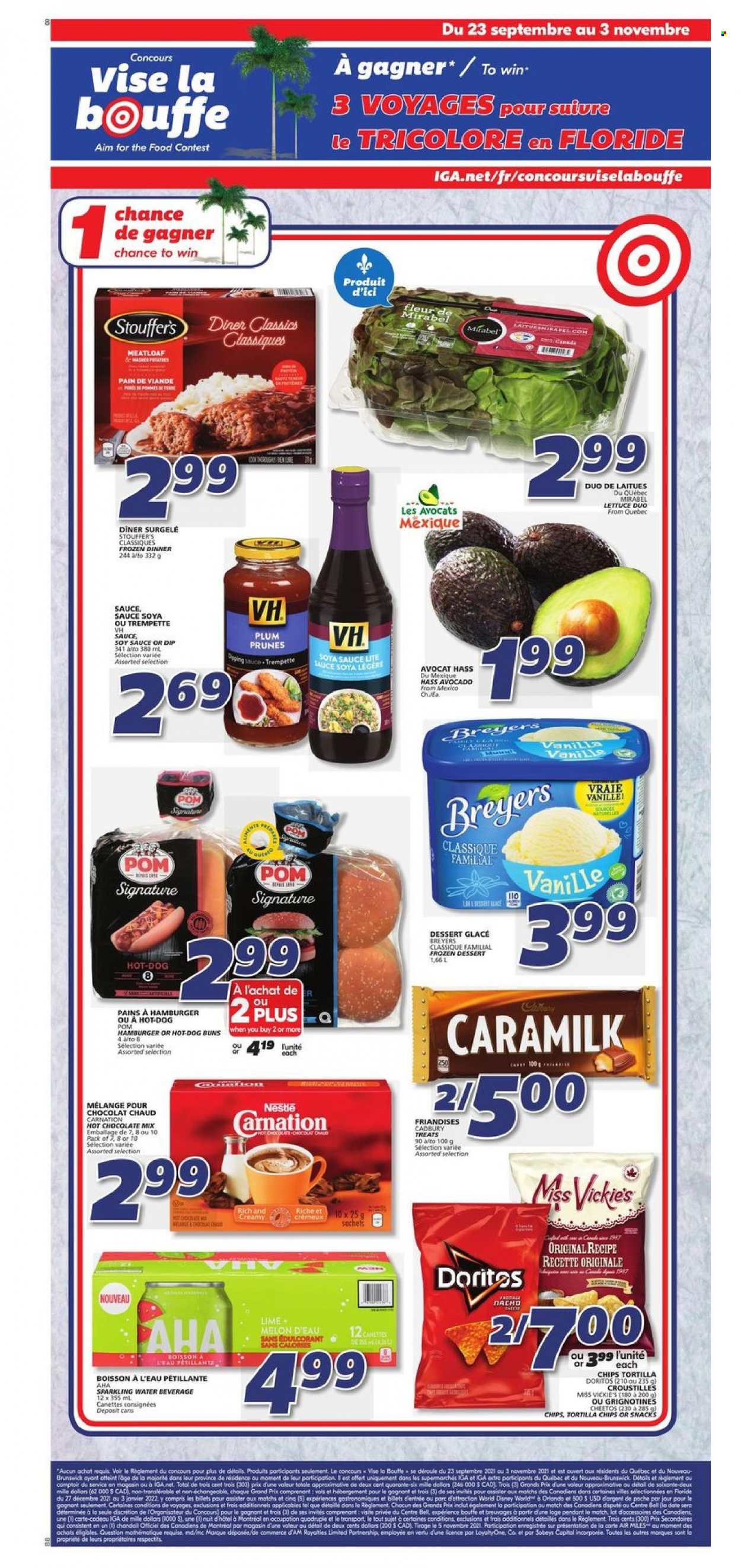 thumbnail - IGA Flyer - September 30, 2021 - October 06, 2021 - Sales products - buns, avocado, melons, hamburger, meatloaf, Stouffer's, Cadbury, Doritos, tortilla chips, Cheetos, soy sauce, prunes, dried fruit, sparkling water, hot chocolate, Nestlé. Page 7.