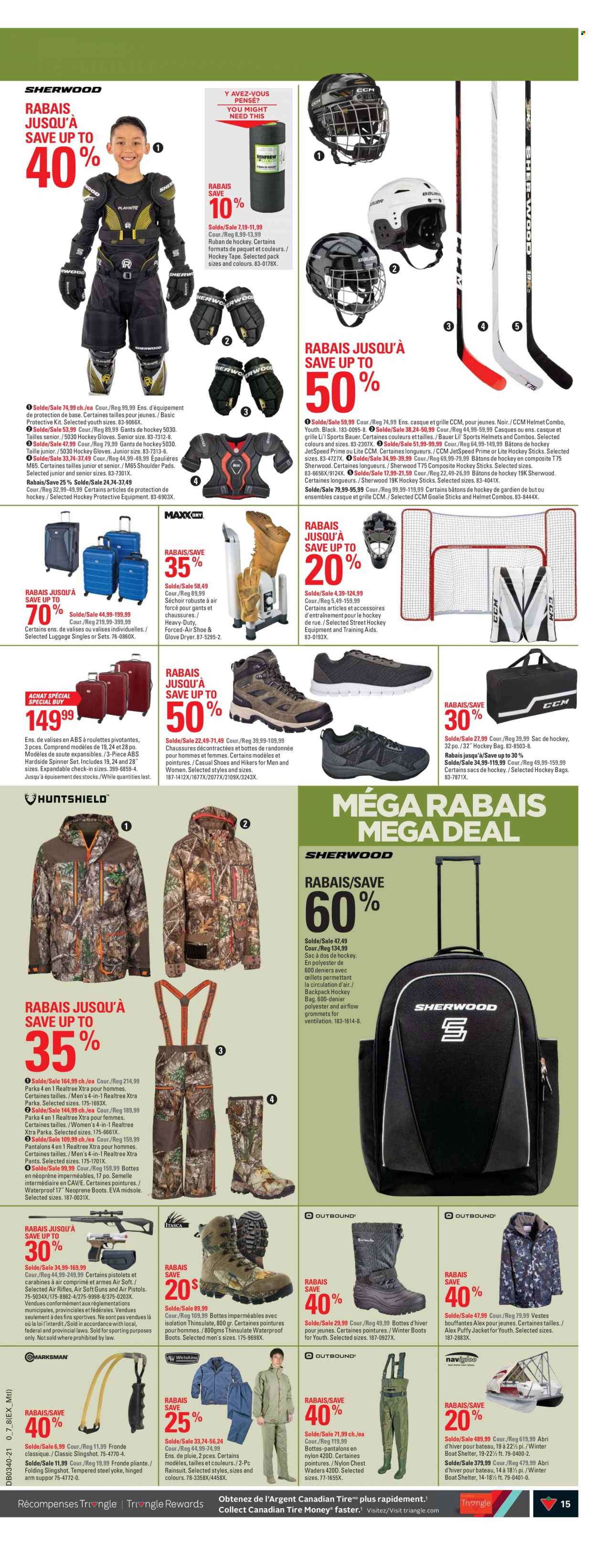 thumbnail - Canadian Tire Flyer - September 30, 2021 - October 06, 2021 - Sales products - XTRA, bag, boots, shoes, winter boots, hiking shoes, helmet, boat, rifle, parka. Page 10.