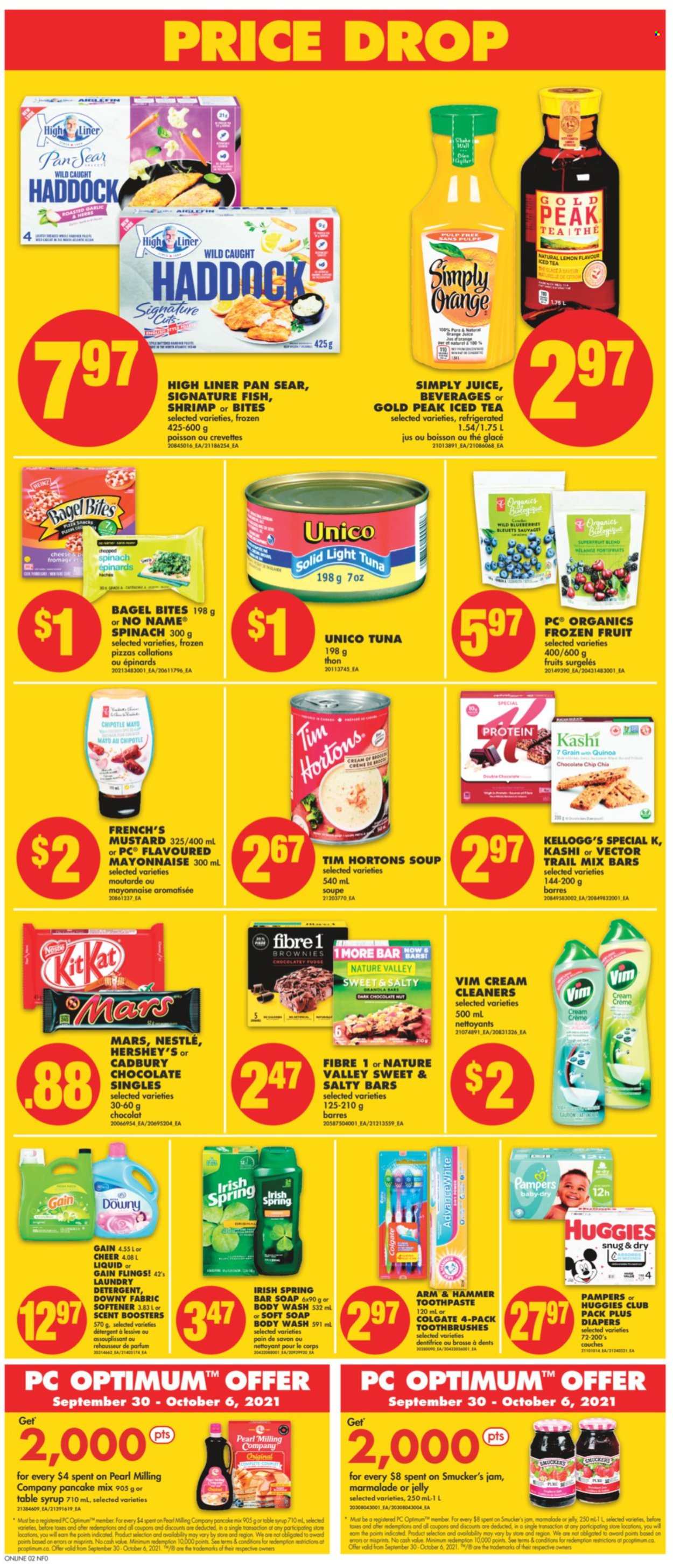 thumbnail - No Frills Flyer - September 30, 2021 - October 06, 2021 - Sales products - bagels, brownies, spinach, tuna, haddock, fish, shrimps, No Name, pizza, soup, pancakes, cheese, shake, mayonnaise, Hershey's, chocolate chips, Mars, jelly, Kellogg's, Cadbury, ARM & HAMMER, Heinz, light tuna, Nature Valley, mustard, fruit jam, syrup, trail mix, juice, ice tea, L'Or, nappies, Gain, fabric softener, laundry detergent, scent booster, Downy Laundry, body wash, soap bar, soap, toothpaste, pan, table, Nestlé, detergent, Colgate, quinoa, Huggies, Pampers, oranges. Page 7.