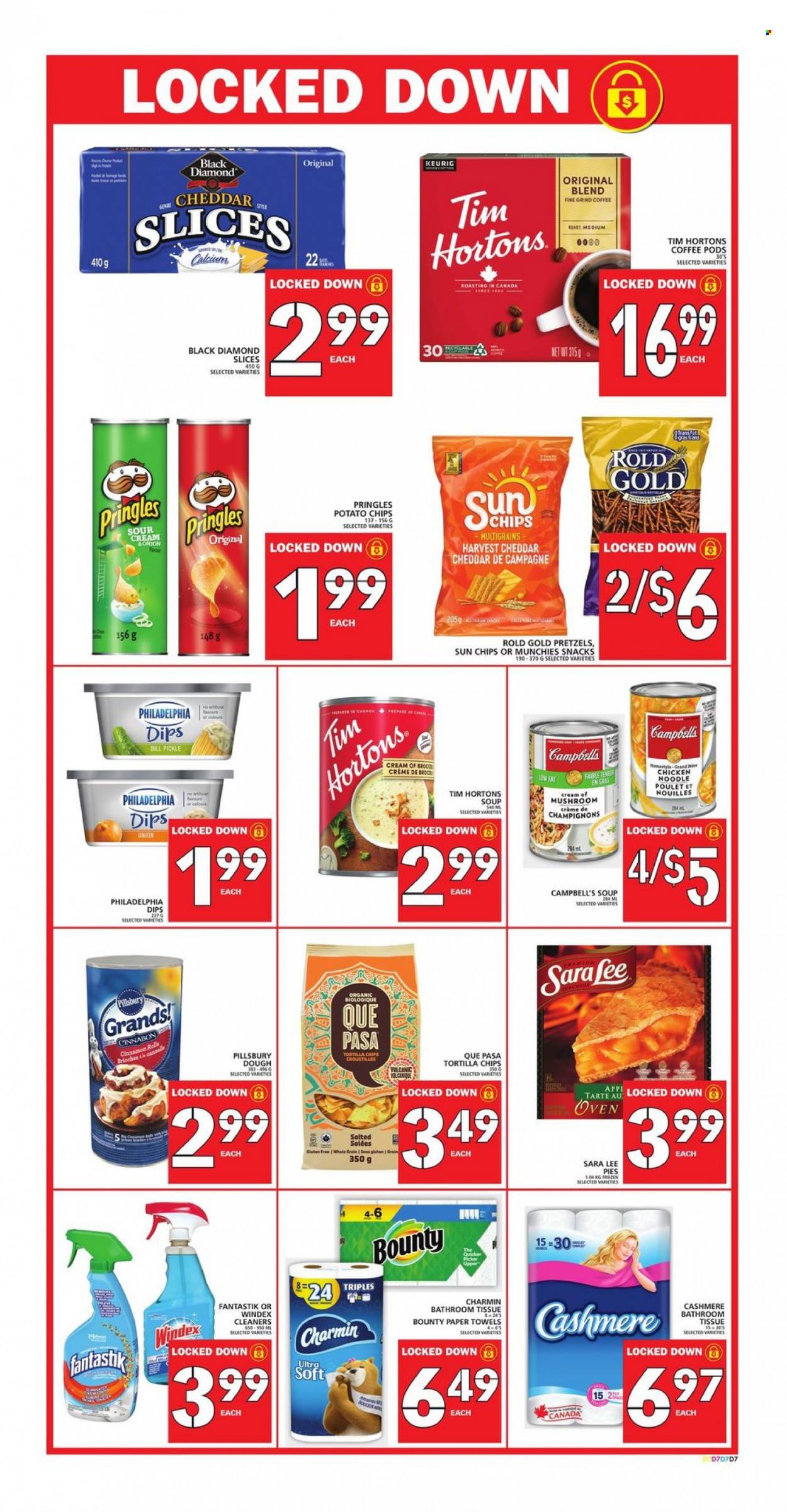 thumbnail - Food Basics Flyer - September 30, 2021 - October 06, 2021 - Sales products - pretzels, Sara Lee, cinnamon roll, Campbell's, soup, Pillsbury, noodles, cheese, sour cream, snack, Bounty, dill pickle, tortilla chips, potato chips, Pringles, dill, coffee pods, Keurig, bath tissue, kitchen towels, paper towels, Charmin, Windex, calcium, Philadelphia. Page 10.