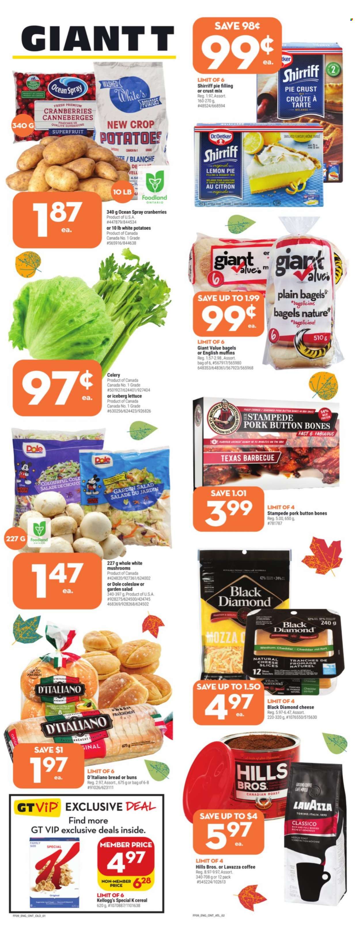 thumbnail - Giant Tiger Flyer - September 29, 2021 - October 05, 2021 - Sales products - bagels, bread, english muffins, buns, celery, potatoes, salad, Dole, coleslaw, sliced cheese, cheddar, cheese, Dr. Oetker, Kellogg's, pie crust, pie filling, cranberries, cereals, Classico, coffee, ground coffee, Lavazza, Hill's. Page 2.