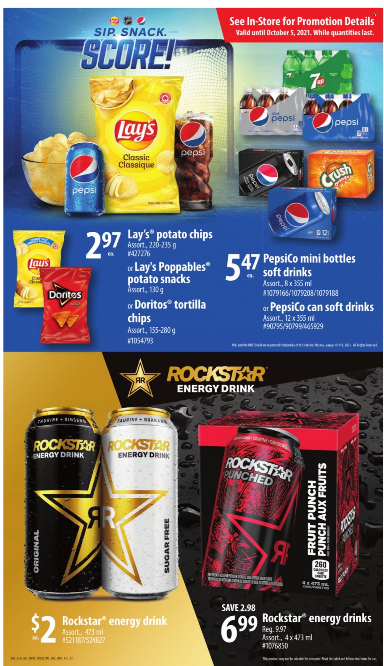 thumbnail - Giant Tiger Flyer - September 29, 2021 - October 05, 2021 - Sales products - tortillas, snack, Doritos, potato chips, Lay’s, Pepsi, energy drink, Diet Pepsi, soft drink, Rockstar, fruit punch, ginseng, chips, oranges. Page 4.