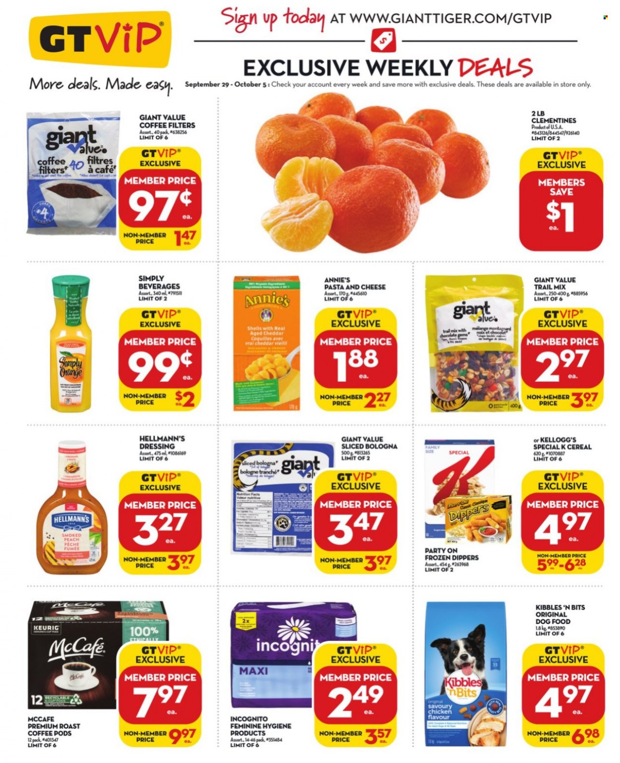 thumbnail - Giant Tiger Flyer - September 29, 2021 - October 05, 2021 - Sales products - clementines, pasta, Annie's, bologna sausage, cheddar, Hellmann’s, Kellogg's, cereals, dressing, trail mix, coffee pods, McCafe, Keurig, animal food, dog food, oranges. Page 5.