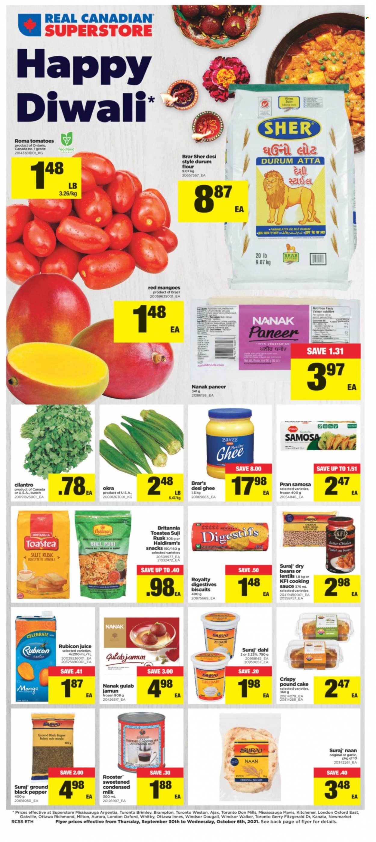 thumbnail - Real Canadian Superstore Flyer - September 30, 2021 - October 06, 2021 - Sales products - cake, pound cake, rusks, beans, garlic, tomatoes, okra, sauce, paneer, milk, condensed milk, ghee, snack, biscuit, flour, oats, lentils, dry beans, cilantro, juice, Ajax. Page 1.