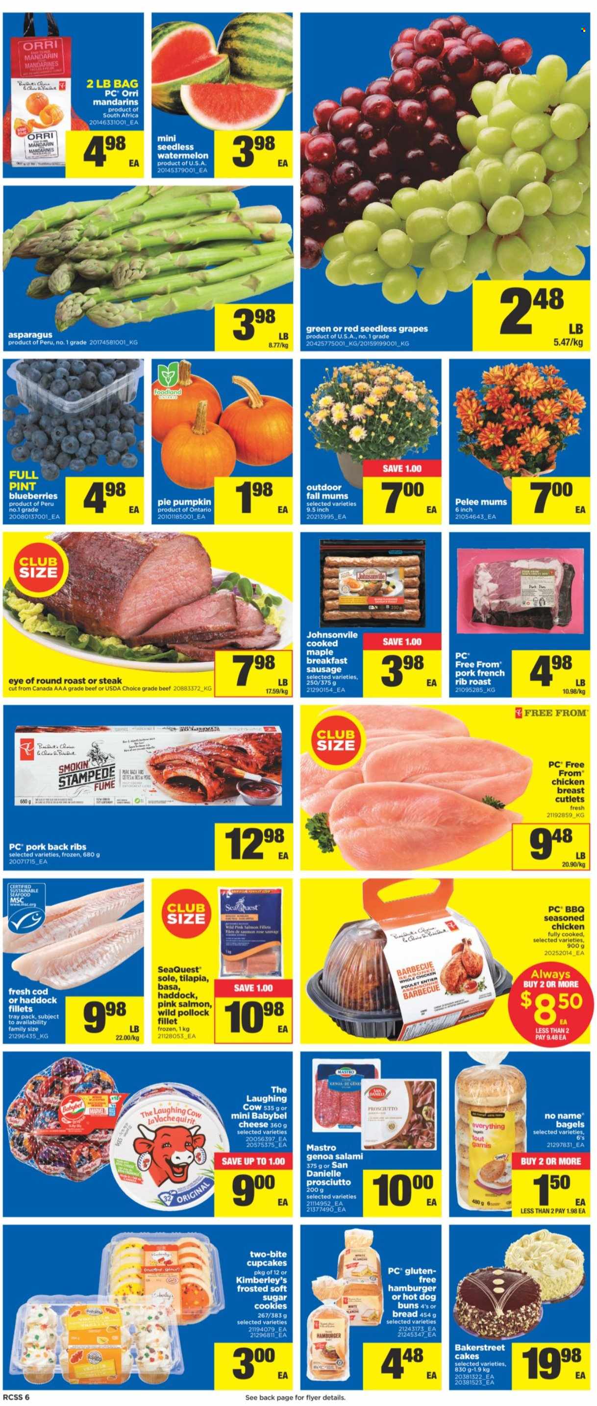 thumbnail - Real Canadian Superstore Flyer - September 30, 2021 - October 06, 2021 - Sales products - bagels, bread, cake, pie, buns, cupcake, asparagus, pumpkin, blueberries, grapes, mandarines, seedless grapes, watermelon, cod, salmon, tilapia, haddock, pollock, No Name, salami, prosciutto, sausage, cheese, The Laughing Cow, Babybel, cookies, wine, rosé wine, chicken breasts, chicken, beef meat, eye of round, round roast, pork meat, pork ribs, pork back ribs, rose, steak. Page 6.